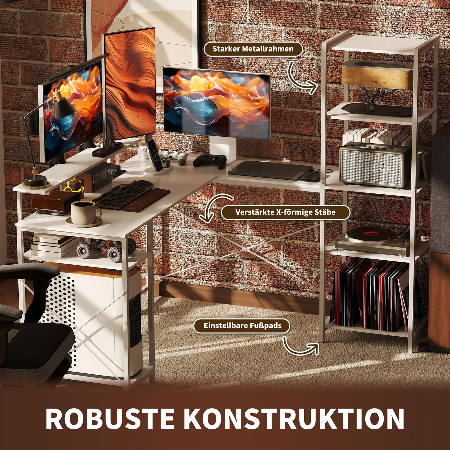 L formos kampinis stalas su įkrovimo stotele, monitoriaus laikikliu ir lentynomis, skirtas namų biurui, baltas