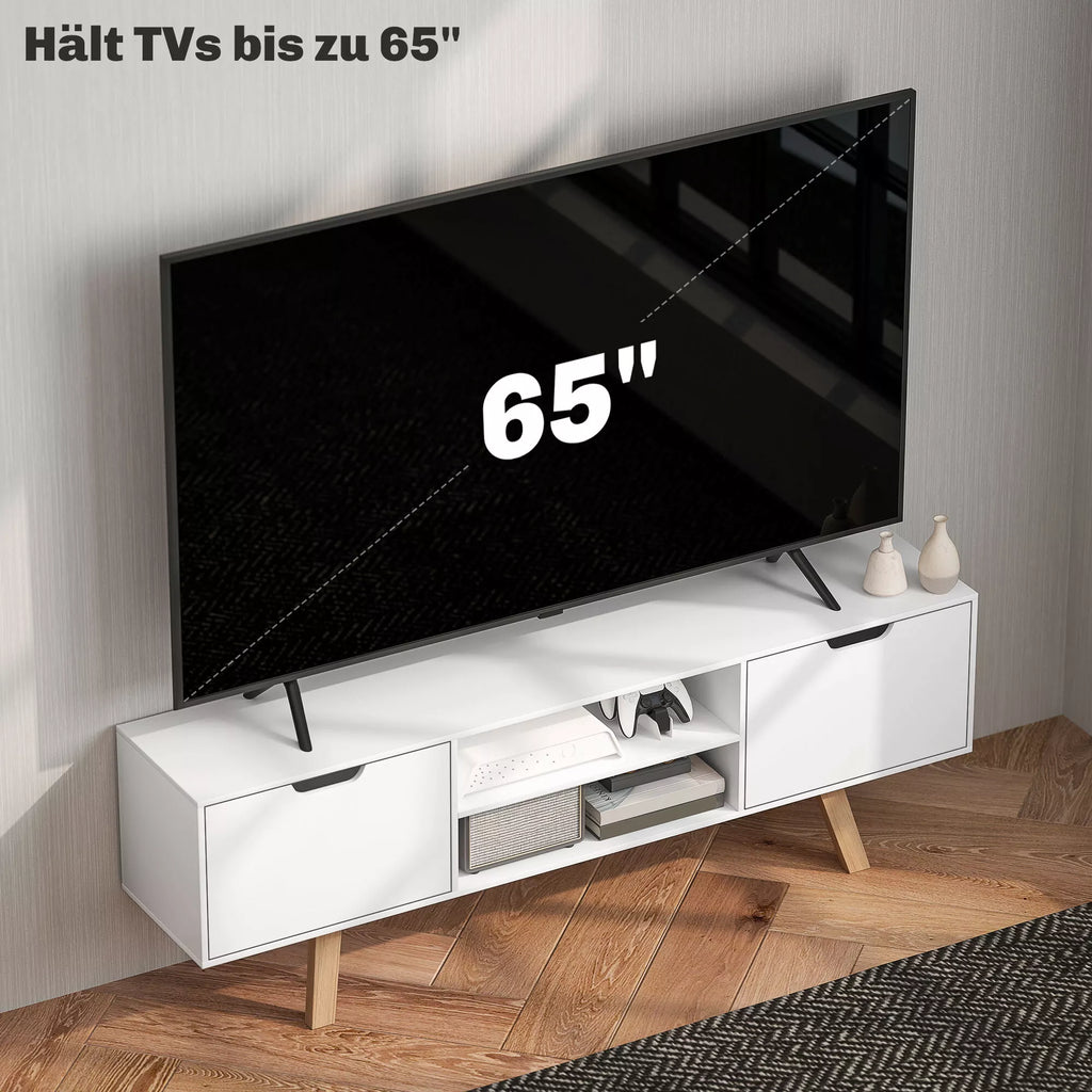 TV staliukas su stalčiais ir atviromis lentynomis, 150 cm, baltas
