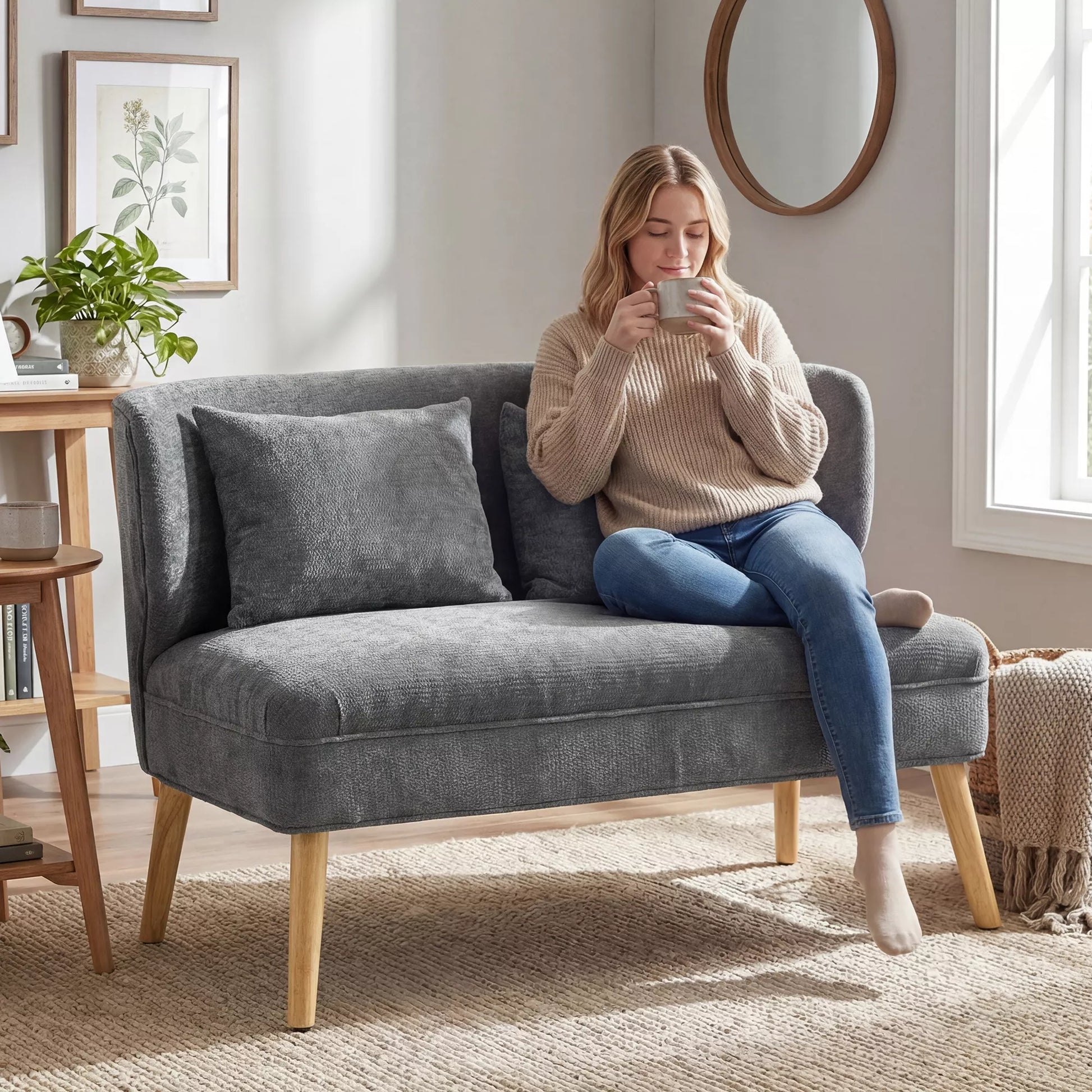 Dvivietė sofa svetainei su sparnuotu atlošu, minkštasuoli, šenilas ir mediena, 126x75x79 cm, pilka