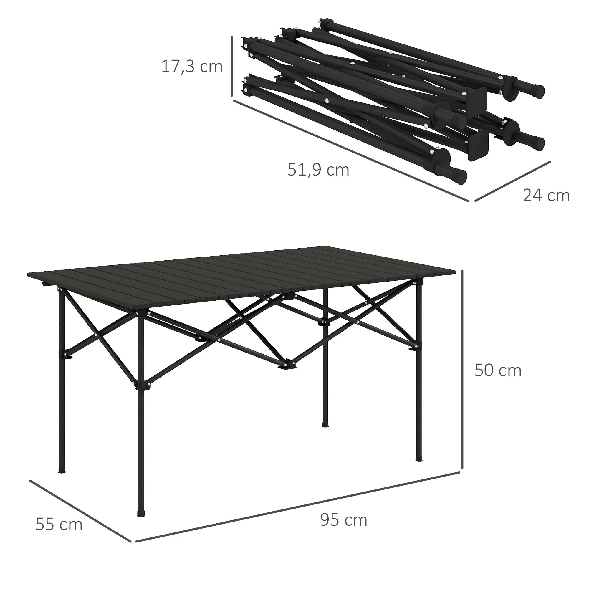 Kempingo stalas Sulankstomas stalas su suskleidžiamu stalviršiu Sodinis stalas iš aliuminio 2 asmenims 95 x 55 cm Juodas