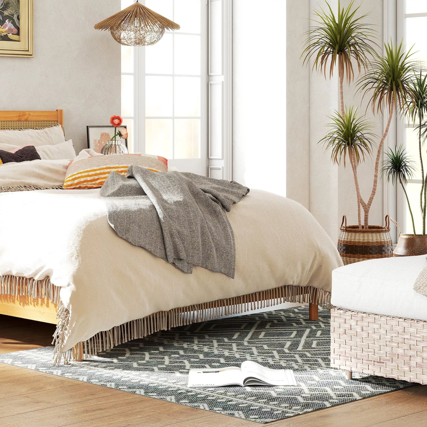 Pilkas lauko ir vidaus kilimas, Boho dizainas, lengvai valomas