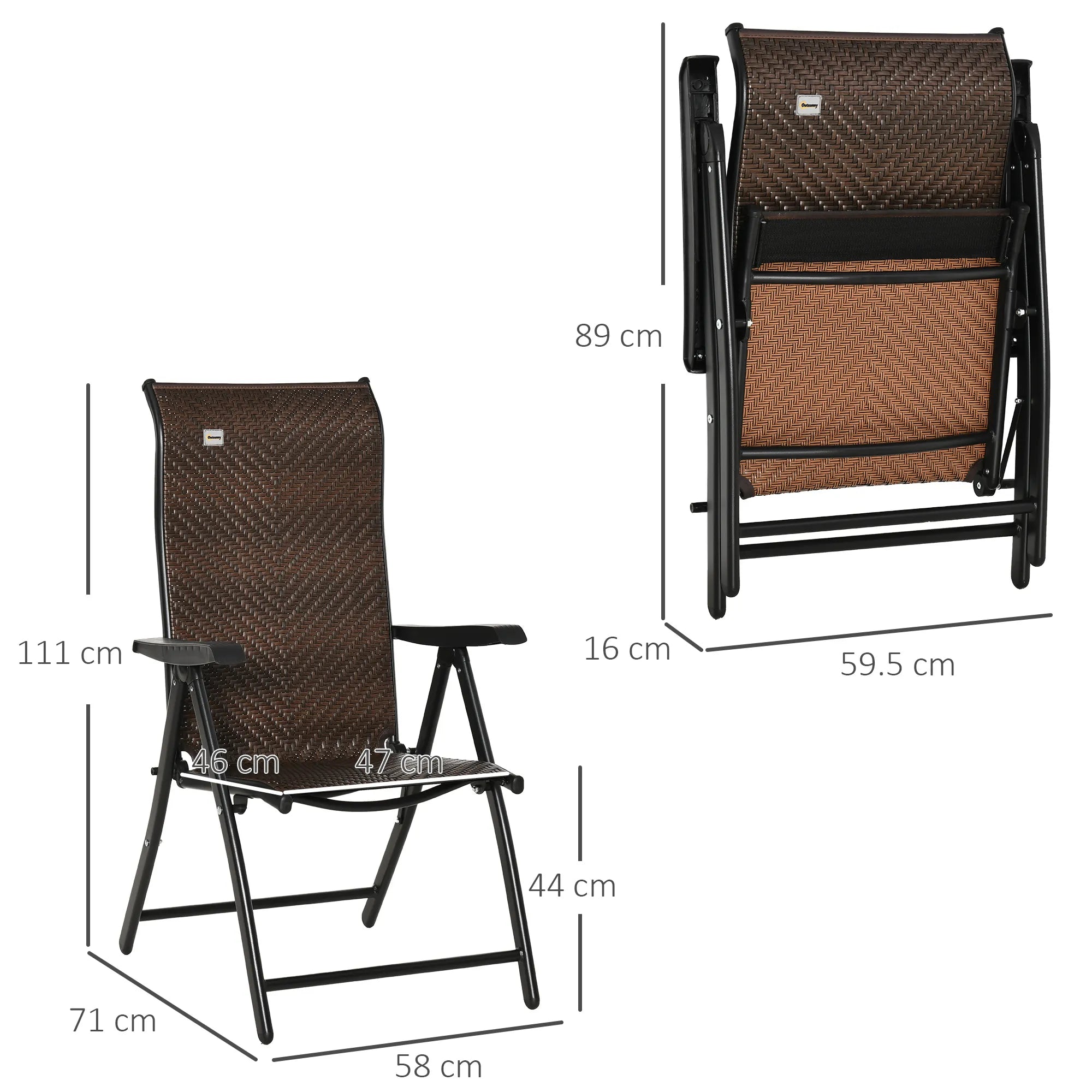 Polyrattan sodo kėdė Sulankstoma kėdė su 7 pakopų reguliuojamu atlošu, atspari oro sąlygoms, sulankstoma balkono kėdė, kempingo kėdė, 120 kg apkrova, sodo kėdės sodui, balkonui, 58x71x111 cm, ruda + juoda