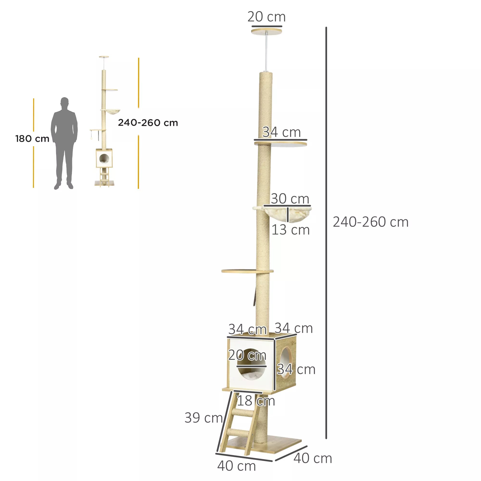 Lubinės katės draskyklės schema su matmenimis 240–260 ir 40 cm