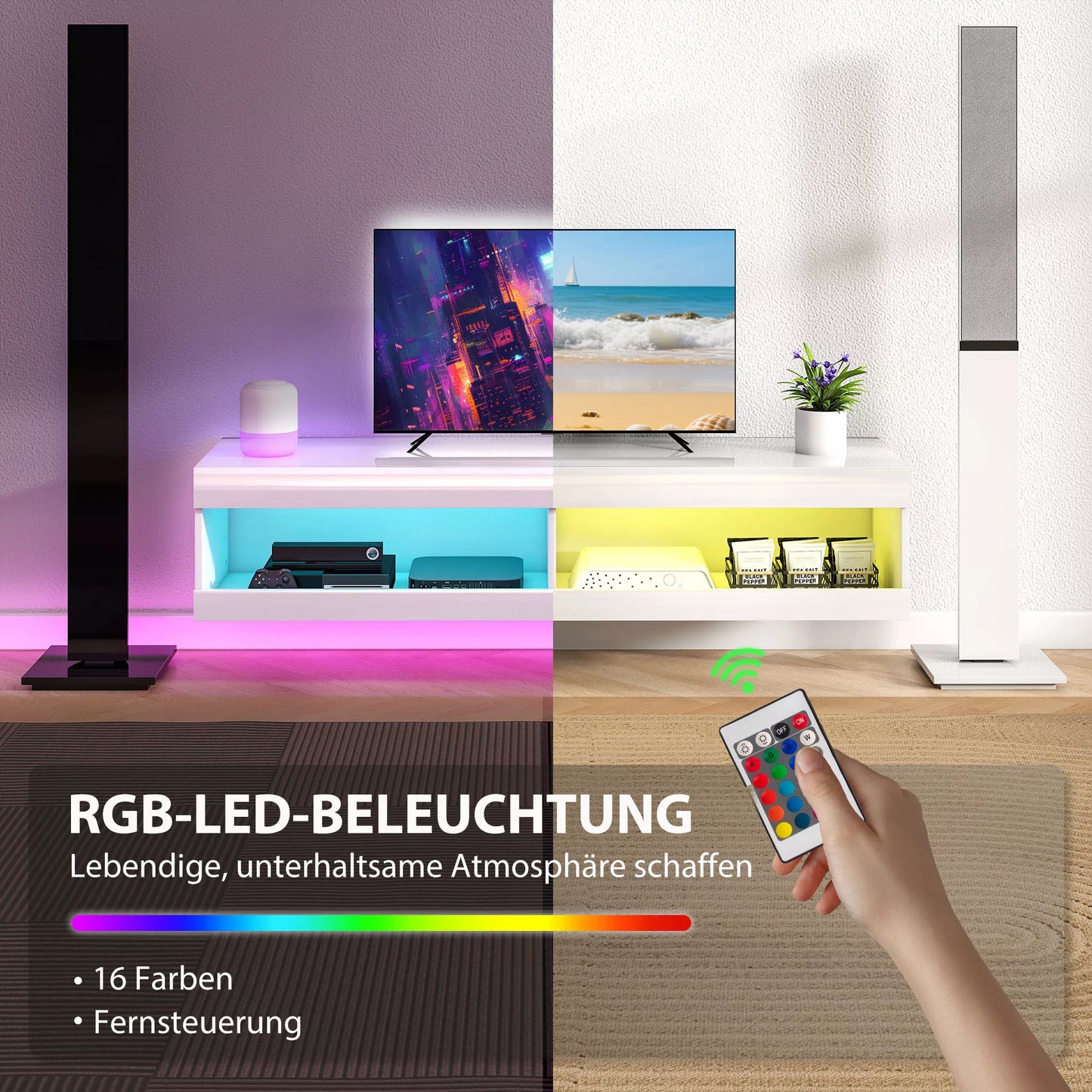 Pakabinama TV spintelė su RGB LED apšvietimu 16 spalvų, TV stovas su atvira daiktadėže, 55-60 colių televizoriams, skirta svetainei, miegamajam, 140 x 40 x 30 cm, blizgiai balta