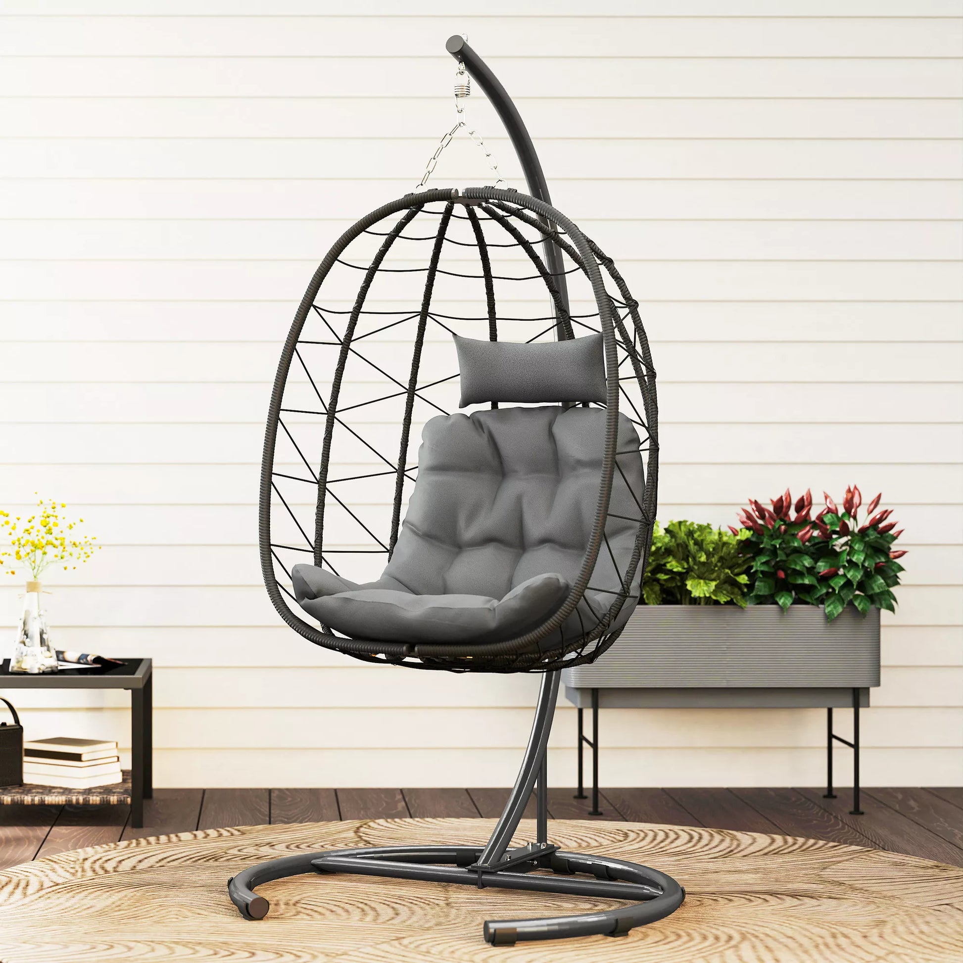 Kabinamas kėdė Lauko kabinama kėdė „Egg Chair“, atspari atmosferos poveikiui, su pagalvėle, 102 cm x 102 cm x 195 cm, tamsiai pilka