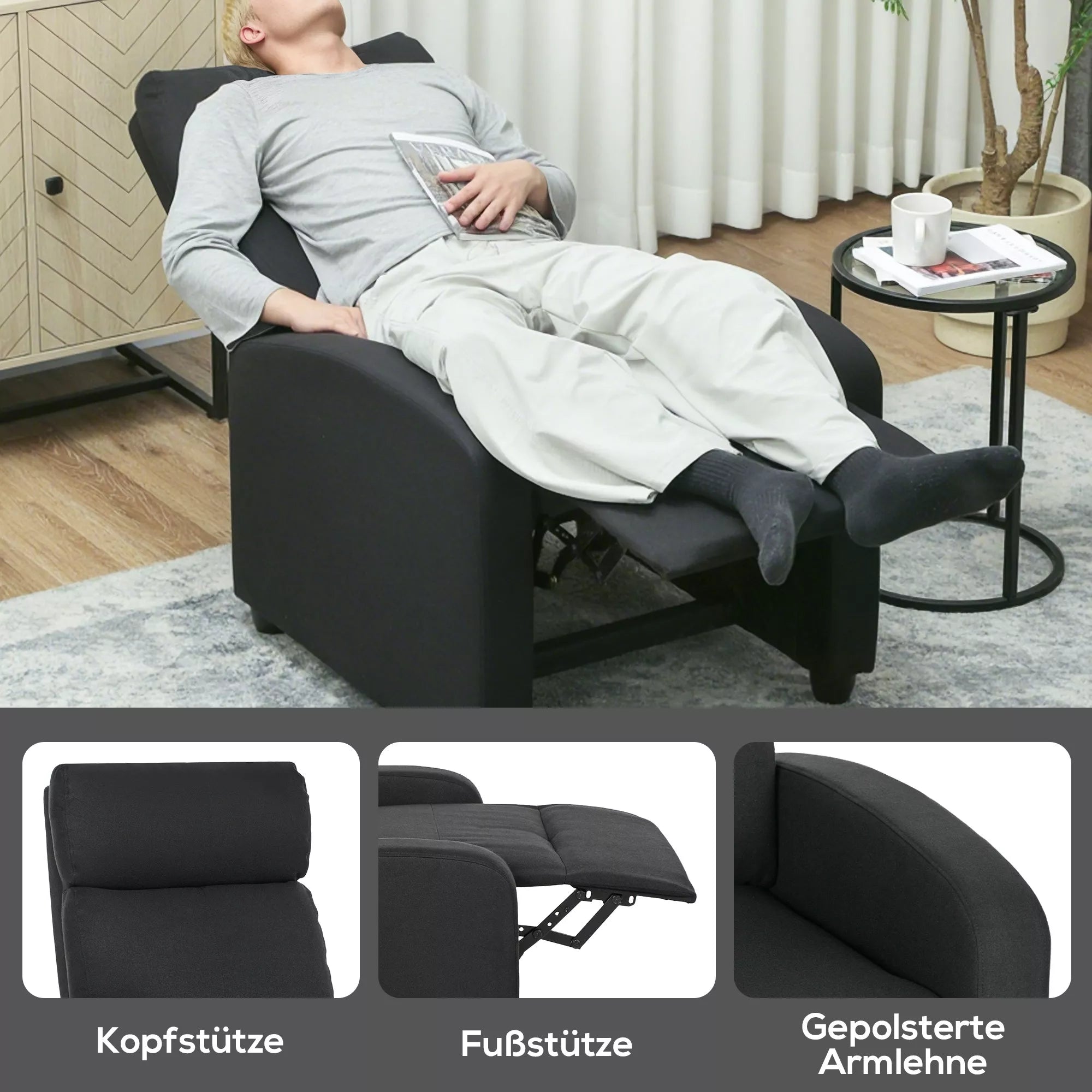 Relaksacijos krėslas, reguliuojamas 135°, ištraukiama kojų atrama, paminkštintos atlenkiamos atramos, linas-poliesteris, juodas