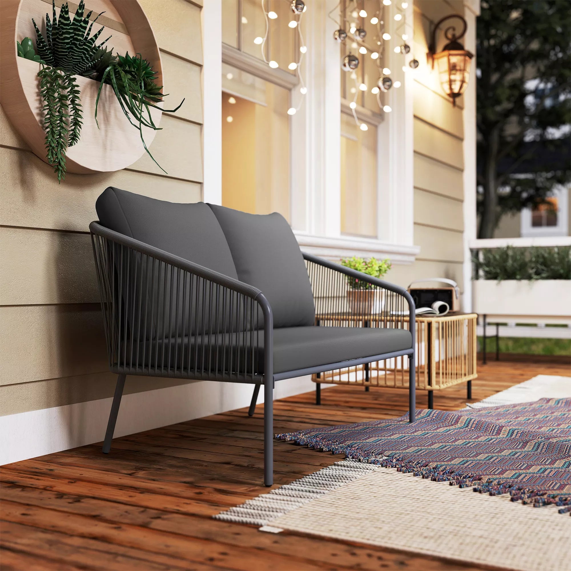 Sodo sofa su pagalvėlėmis 2-vietė rotango sofa Poilsio sofa Lauko balkono sofa 112 x 72 x 76 cm Pilka