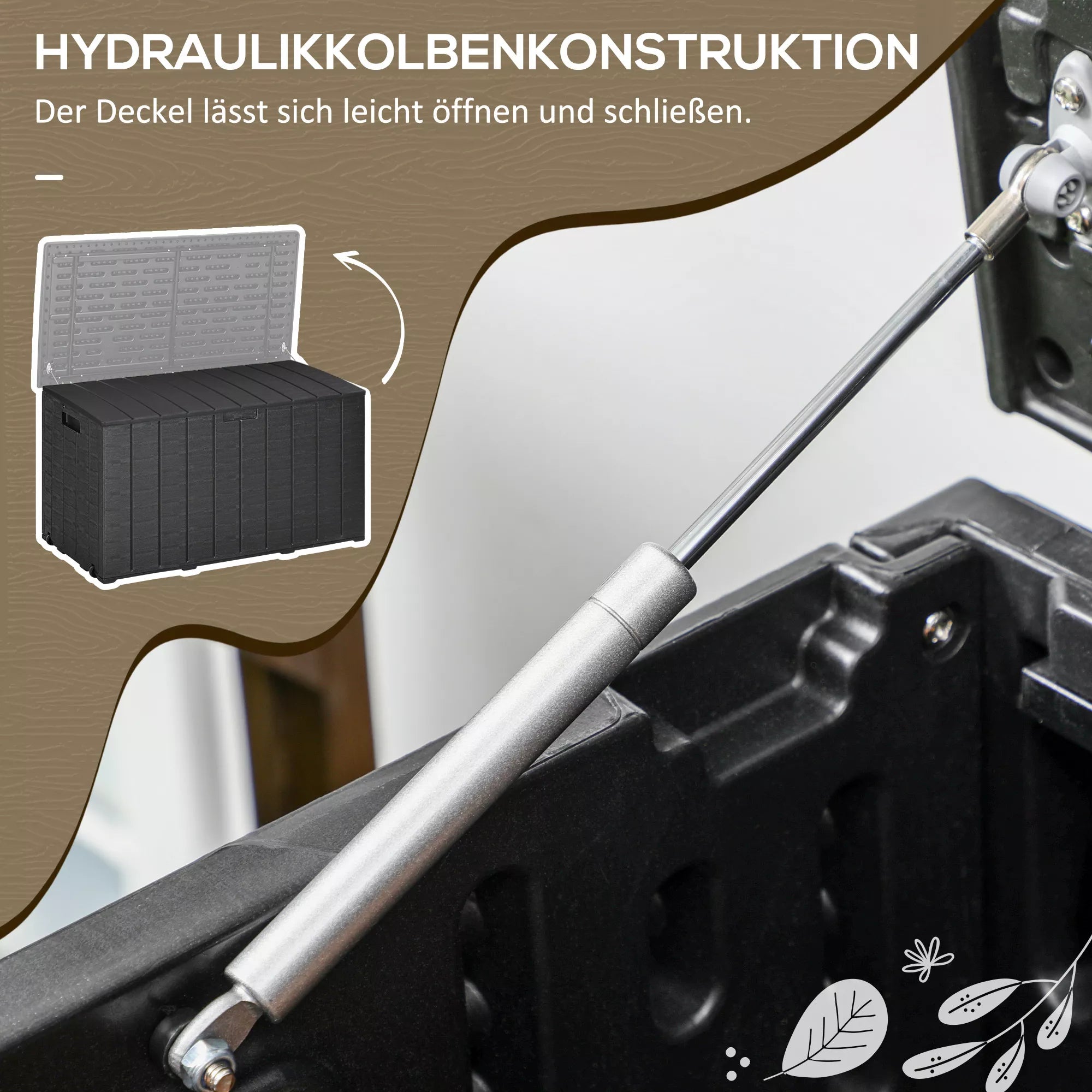 Sodo dėžė, 366 l talpos su ratukais ir rankenomis, plastikinis korpusas (medžio imitacija), 120x52x59 cm, pilka