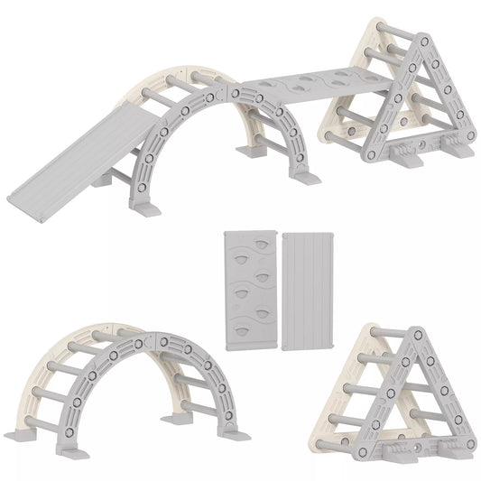 Vidinė laipiojimo aikštelė, 5in1 laipiojimo trikampis su čiuožykla, laipiojimo lankas, su dvipuse rampa, vidaus žaidimų aikštelė vaikams 18-48 mėn., Pilka+Balta