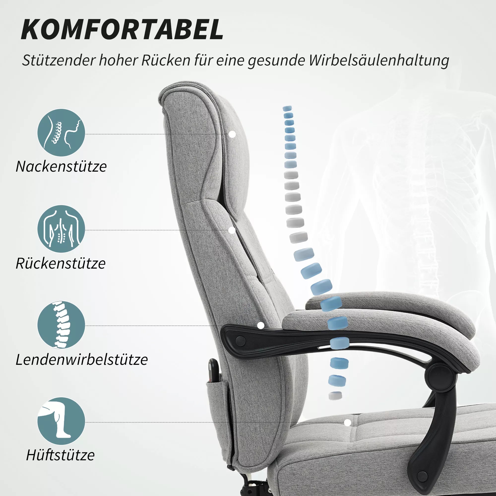 Ergonomiška biuro kėdė su masažo ir gulimosios padėties funkcija, pilkos spalvos, su kojų atrama