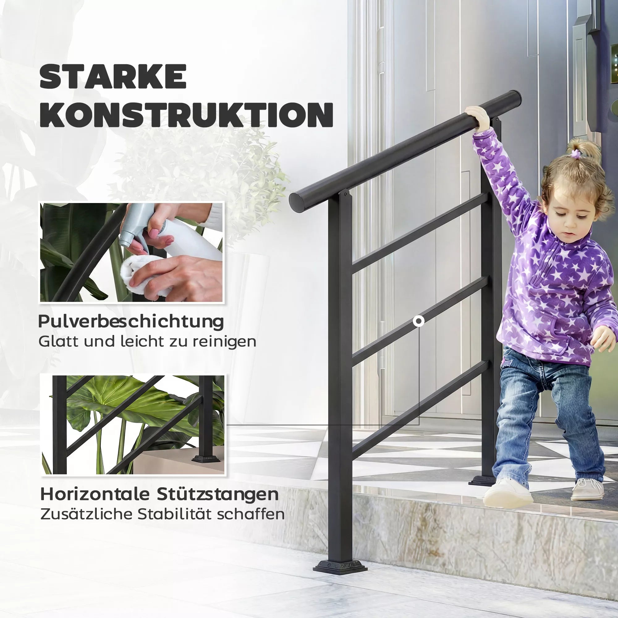 Laiptų turėklai 1–3 laipteliams, 94 cm, kampas reguliuojamas, rankena išorinė ir vidinė, metalas, juodos spalvos