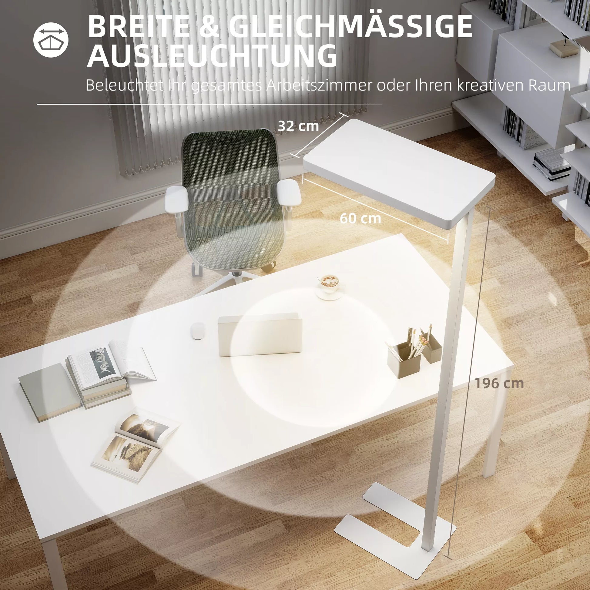 LED grindų šviestuvas, švelni akims šviesa, su nuotolinio valdymo pulteliu, reguliuojamas ryškumas, plastikas, metalas, balta spalva