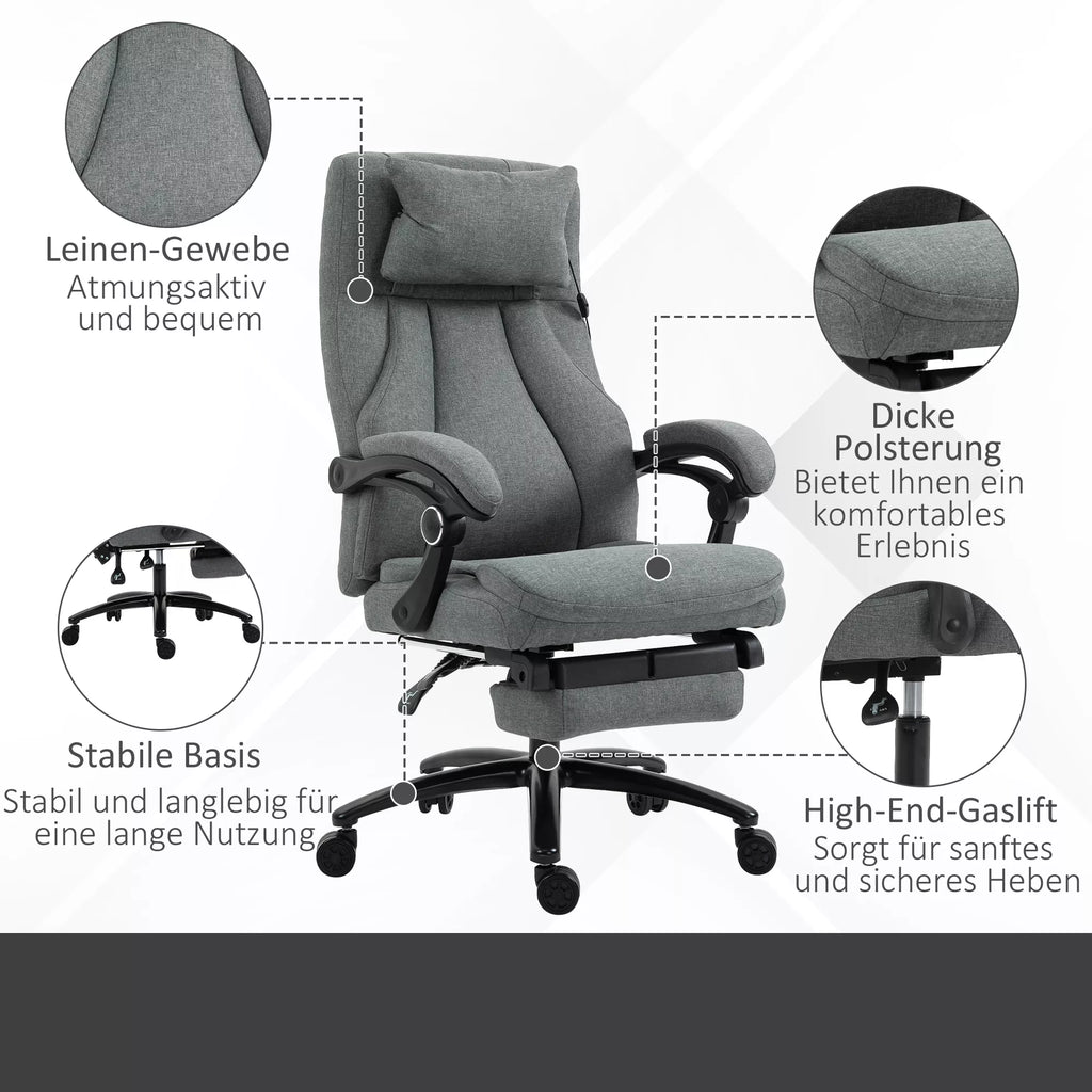 Biuro kėdė su masažo funkcija, aukščio reguliuojama vadovo kėdė, žaidimų kėdė su atlošu ir masažo funkcija, ergonomiška sukiojama kėdė, masažinė kėdė, lino tekstūra, pilka, 64 x 74 x 109–117 cm