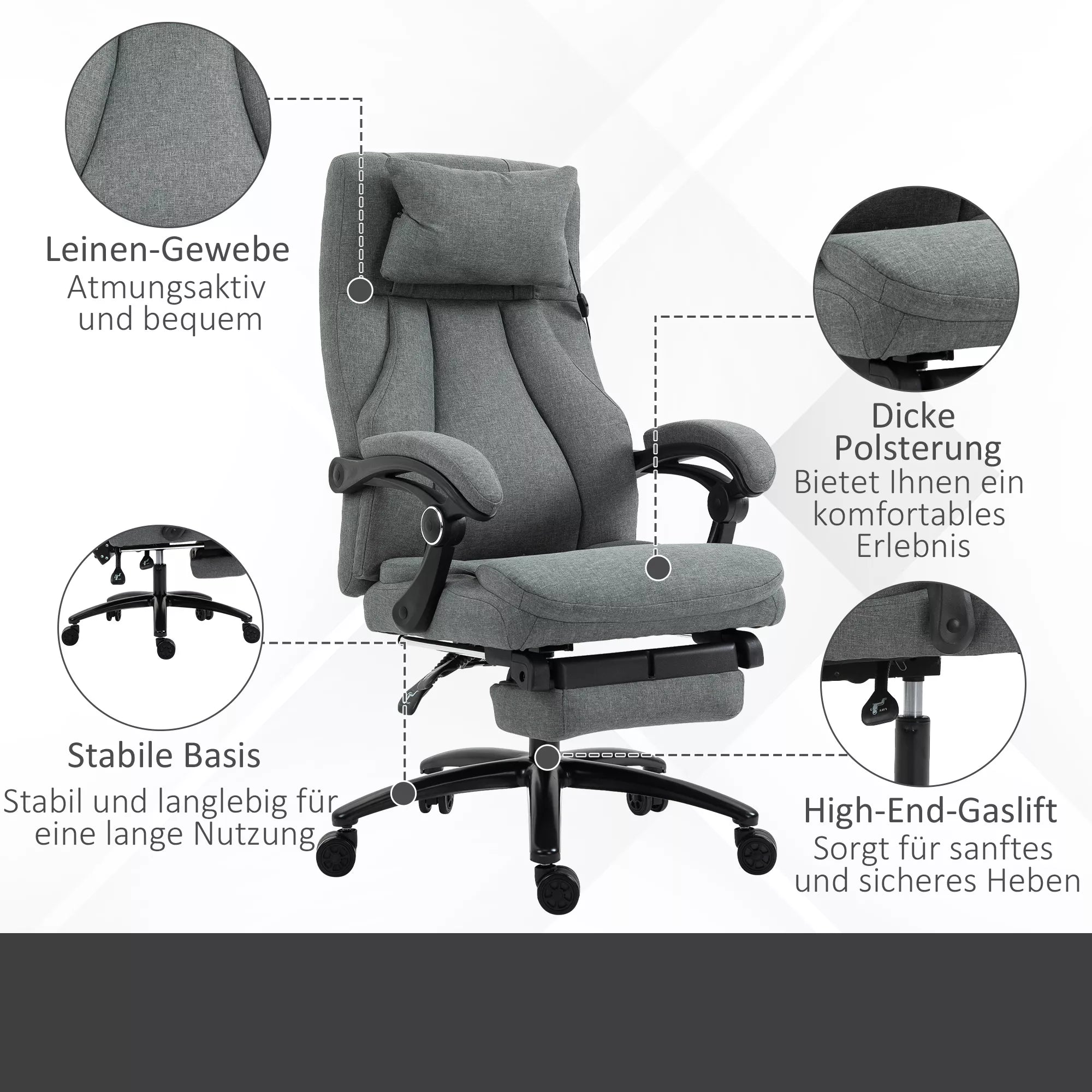 Biuro kėdė su masažo funkcija, aukščio reguliuojama vadovo kėdė, žaidimų kėdė su atlošu ir masažo funkcija, ergonomiška sukiojama kėdė, masažinė kėdė, lino tekstūra, pilka, 64 x 74 x 109–117 cm