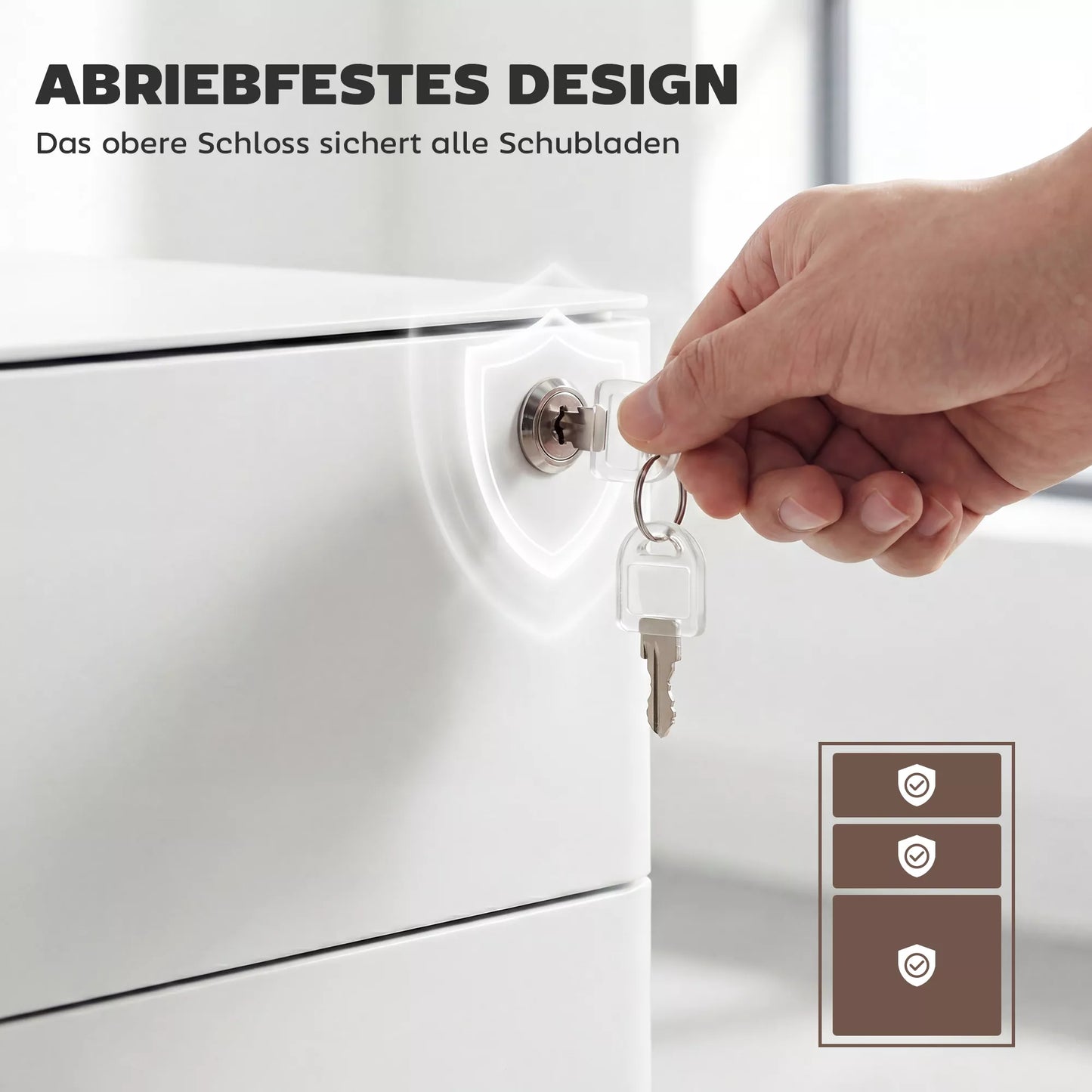 Ratinis konteineris su 3 stalčiais, mobilus dokumentų spintelė su ratukais, užrakinama, biuro spintelė su pakabinamais dokumentų dėklais, rašiklių dėklas, biuro konteineris biurui, namų biurui, 39 x 48 x 59 cm, balta spalva