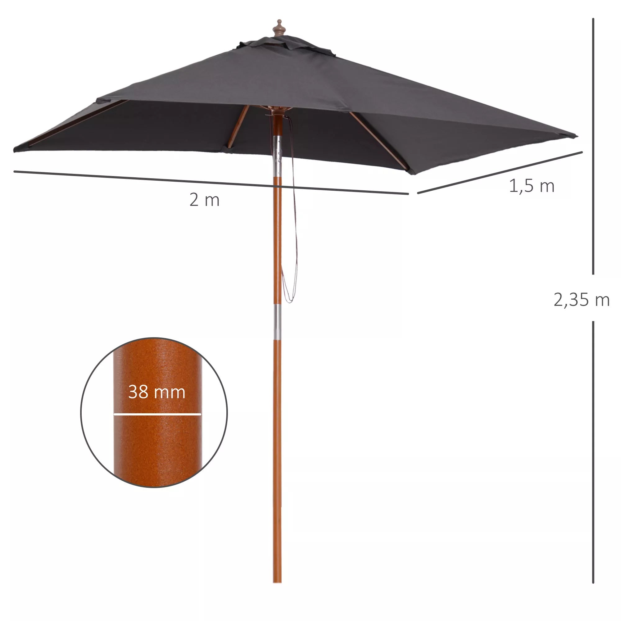Skėtis nuo saulės 200 x 150 x 235 cm Sulankstomas sodo skėtis, reguliuojamas 3 pakopomis, stačiakampis, atsparus vandeniui ir UV spinduliams, skirtas paplūdimiui, balkonui, terasai, sodui, tamsiai pilkos spalvos.