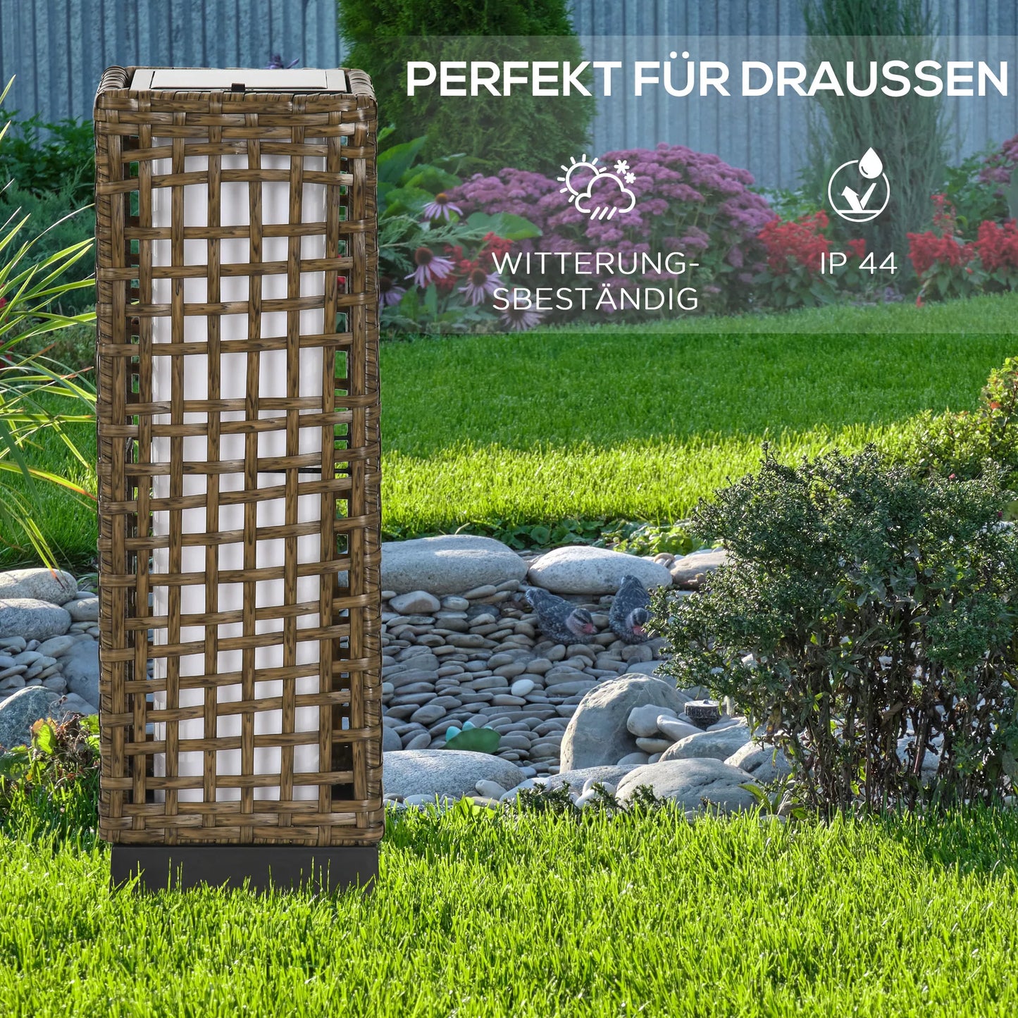 Lauko šviestuvas, sodo lempa, veikiantis saulės energija, 8 val. apšvietimo trukmė, automatinis įsijungimas, rotango imitacija, 15,5 x 15,5 x 46 cm