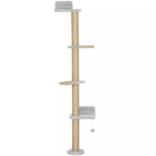 Katės draskyklė, 5 pakopų dizainas, su žaislu, sizaliniai stulpeliai, pliušinis audinys, šviesiai pilka