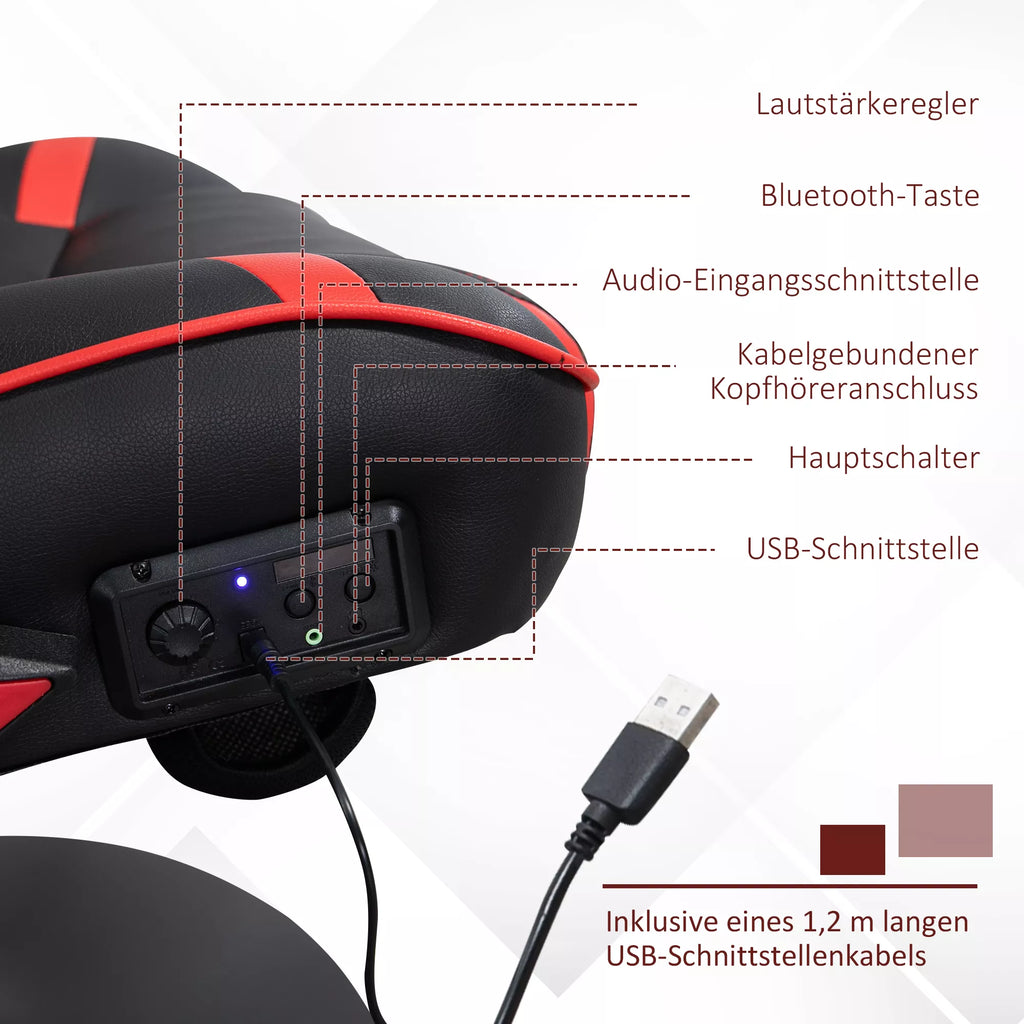 Žaidimų kėdė su Bluetooth garsiakalbiais ir reguliuojama atrama, iki 120 kg, raudona/juoda