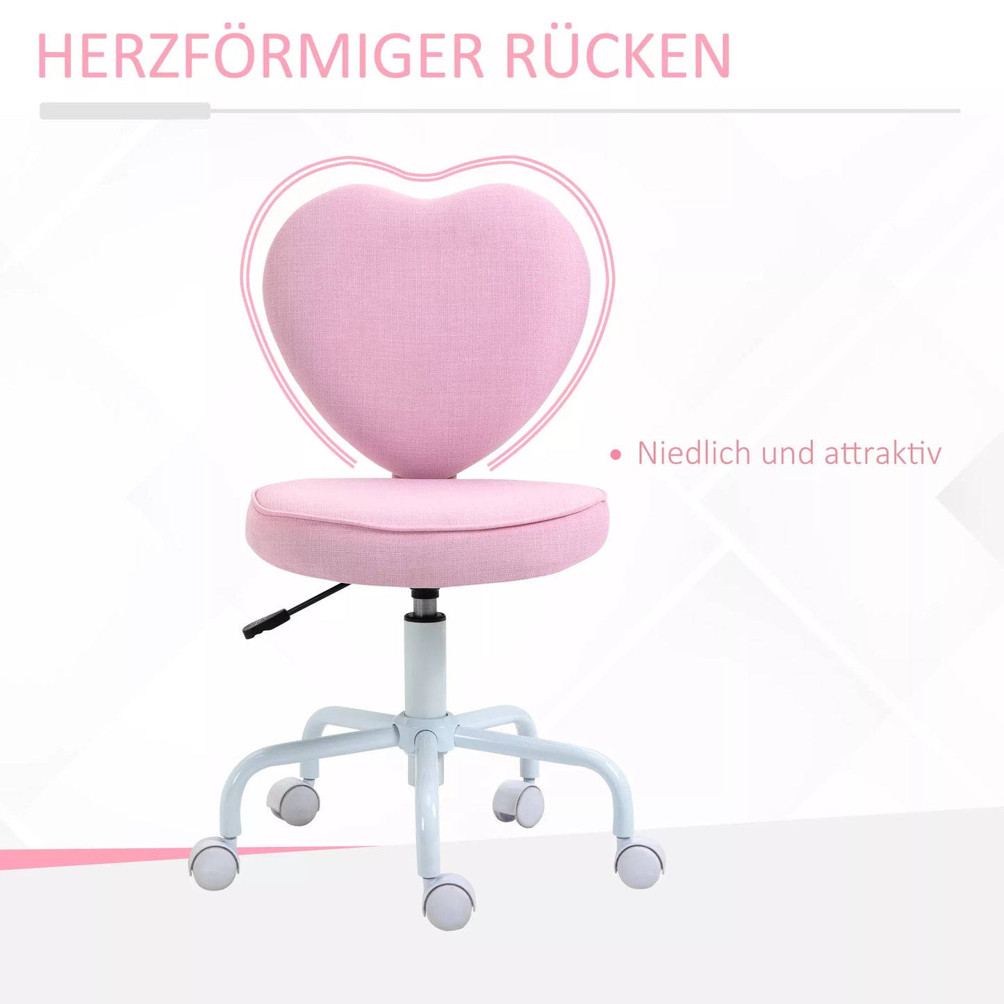 Pasukama kėdė, mielas širdelės dizainas, reguliuojamas aukštis, audinio apmušalas su lino išvaizda, rožinė, 42 x 50 x 79-89 cm