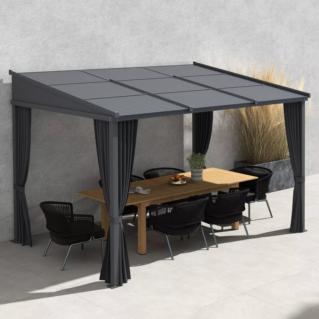 Sodo pavėsinė, pergola, su stumdomu stogu, užuolaidomis, aliuminio rėmu, tamsiai pilkos spalvos, 3,65 x 2,55 x 2,05 m