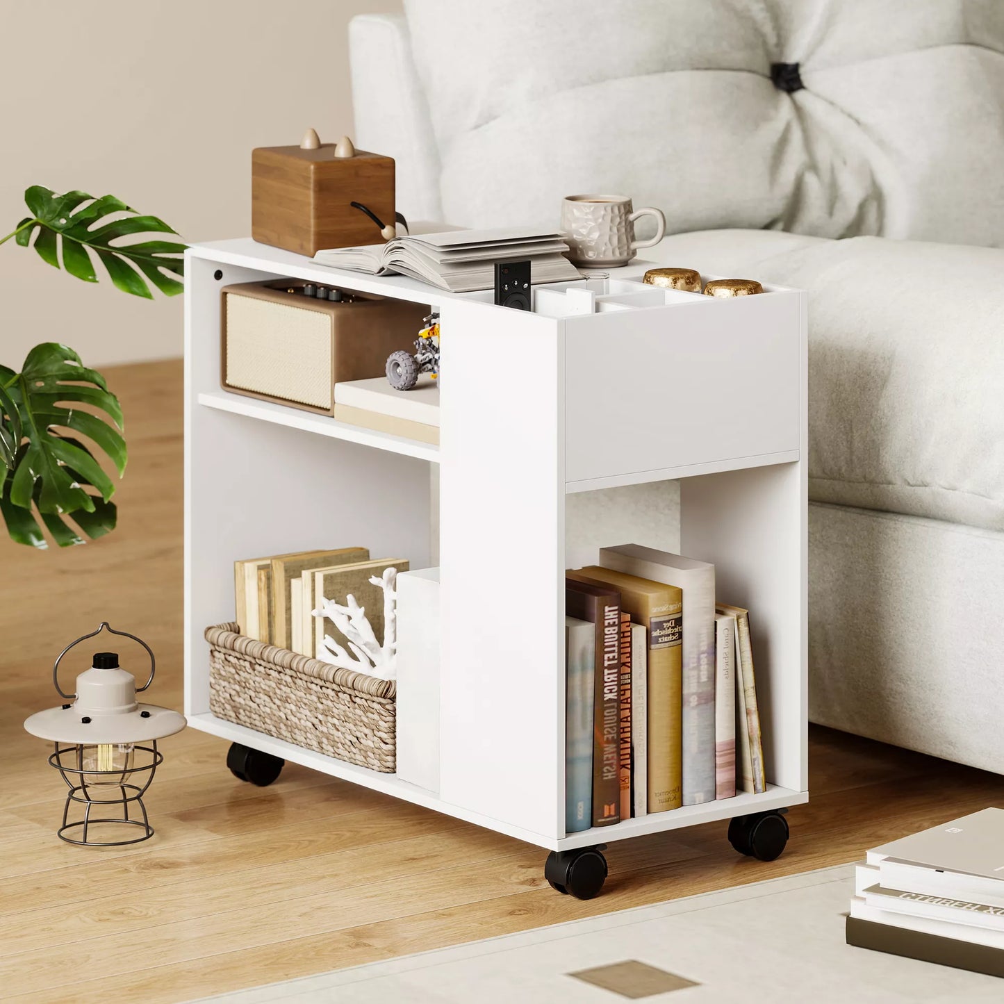 Stalas spauzdintuvui su skyriais, biuro lentyna su papildomomis vietomis daiktams laikyti, mdf ir metalas, 70x34x60 cm, balta