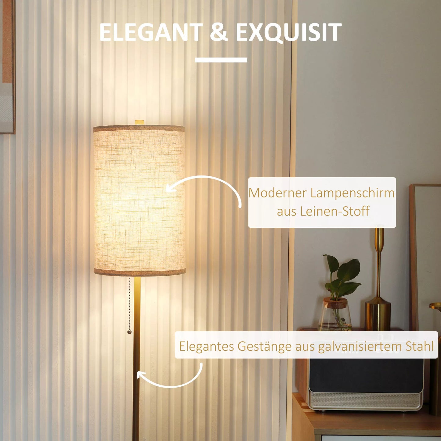 Elegantiškas pastatomas šviestuvas iš plieno su medžiaginiu gaubtu, svetainės šviestuvas, su traukimo grandinėlės jungikliu, Auksas+Baltas