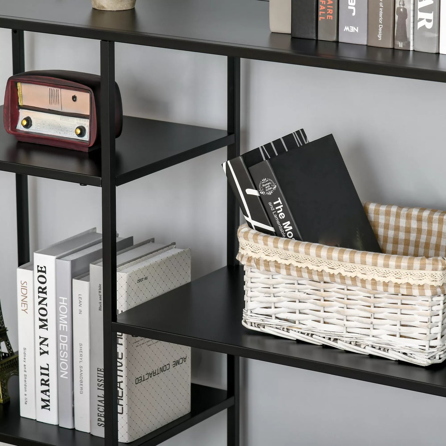 Pastatoma knygų lentyna su 5 atviromis lentynomis, laikymo lentyna su metaliniu rėmu, kubinė lentyna virtuvei, svetainei, juoda, 120 x 35 x 87,5 cm