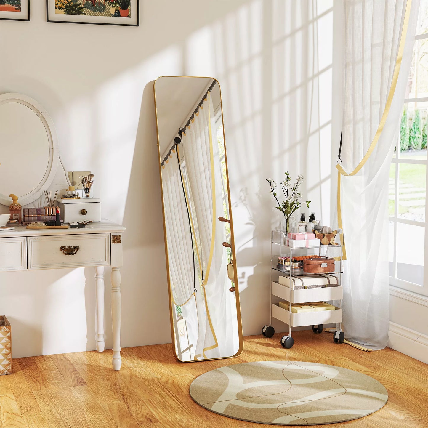 Visą kūną atspindintis veidrodis, laisvai stovintis, pakreipiamas, metalinis rėmas, MDF, 160 x 40 cm, aukso spalvos
