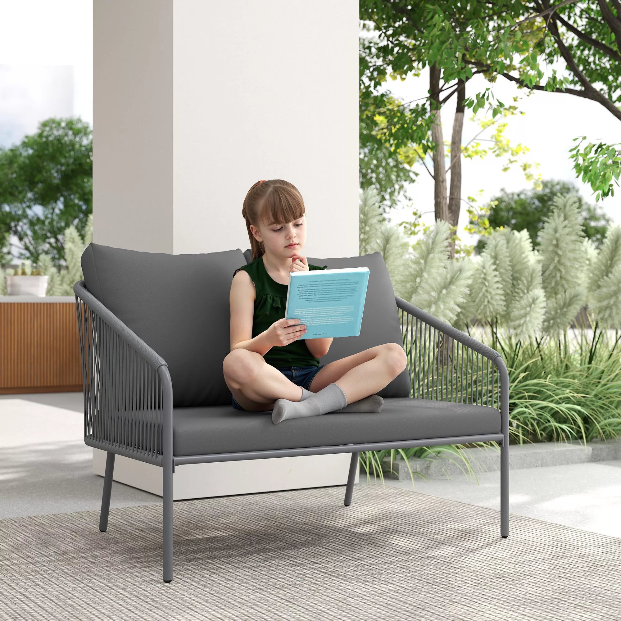 Sodo sofa su pagalvėlėmis 2-vietė rotango sofa Poilsio sofa Lauko balkono sofa 112 x 72 x 76 cm Pilka
