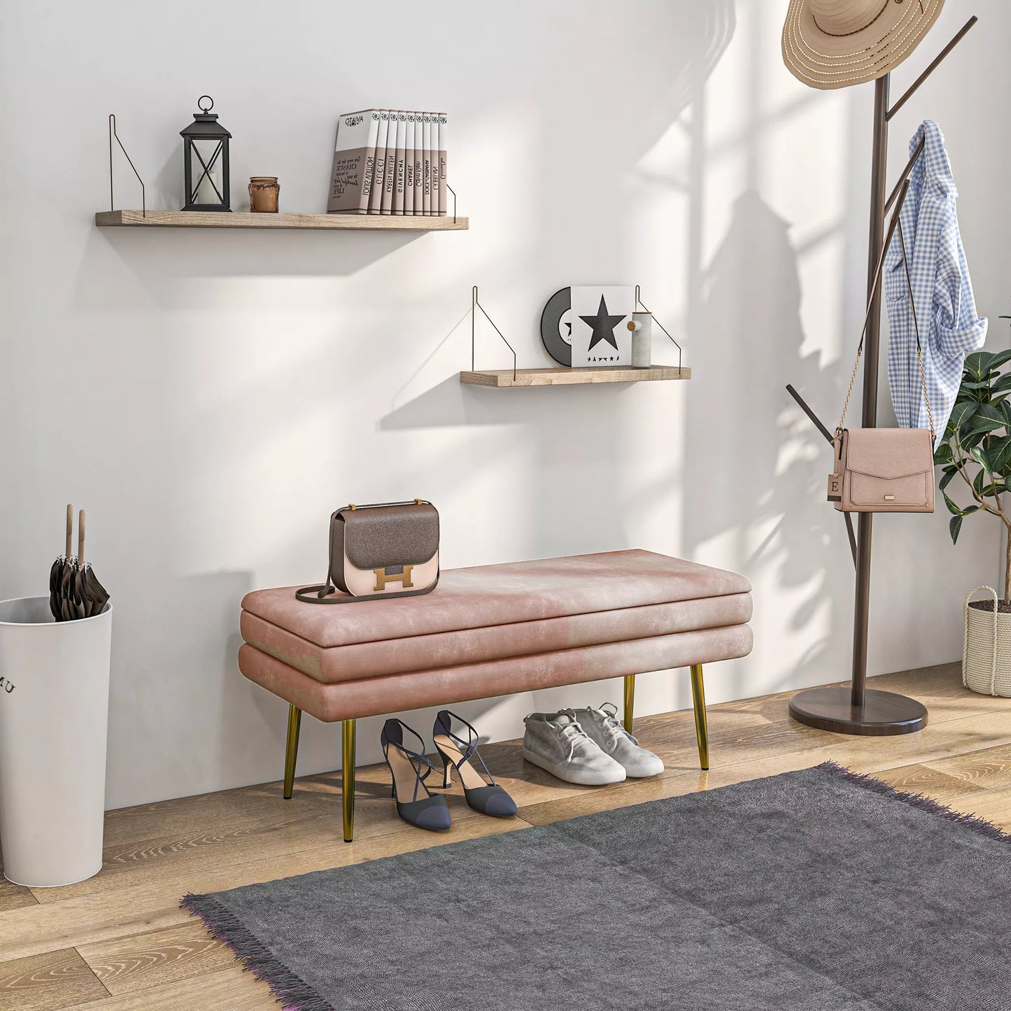 Sėdynė su daiktadėže, plieninė, 100 x 37,5 x 42 cm, rožinė