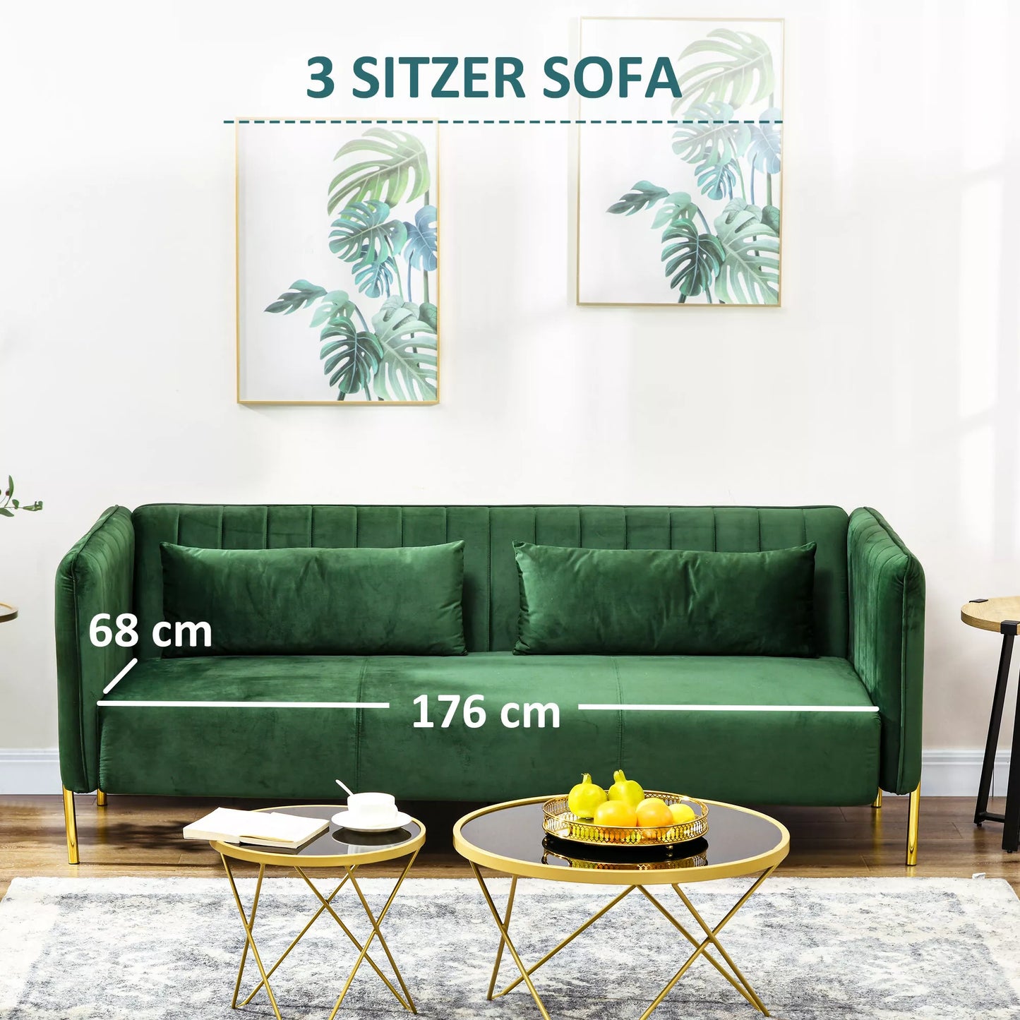 Trivietė sofa-lova, 2 pagalvėlės, aksominė išvaizda, retro dizainas, nuimamas užvalkalas, 195 cm x 88 cm x 76 cm, žalia