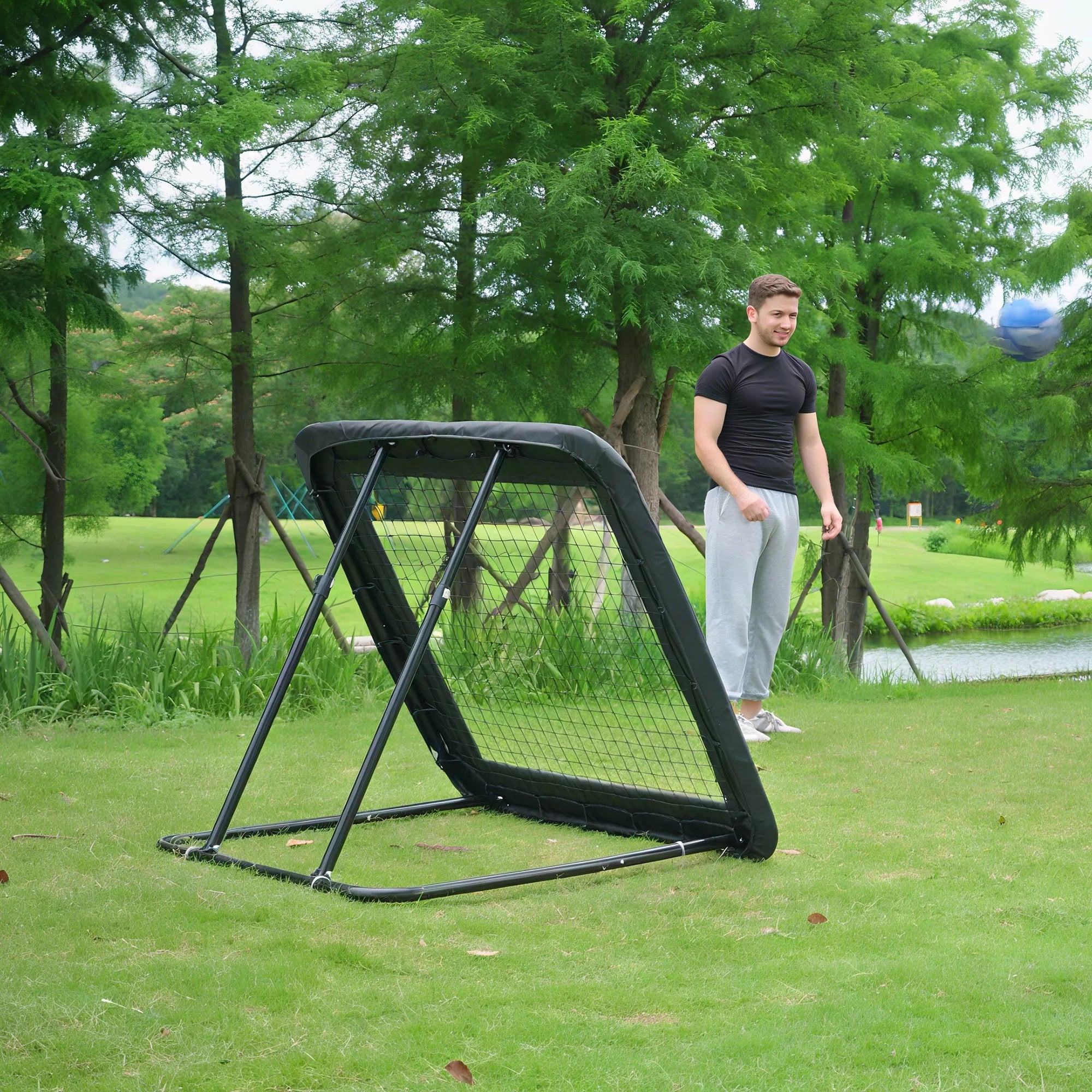 Futbolo atšokimo siena, 128 x 118 cm, su apsauginiu kraštu, kaiščiais, reguliuojama 5 pakopomis, nešiojama atšokimo siena, futbolo vartai paaugliams, atšokimo siena futbolo treniruotėms, juoda