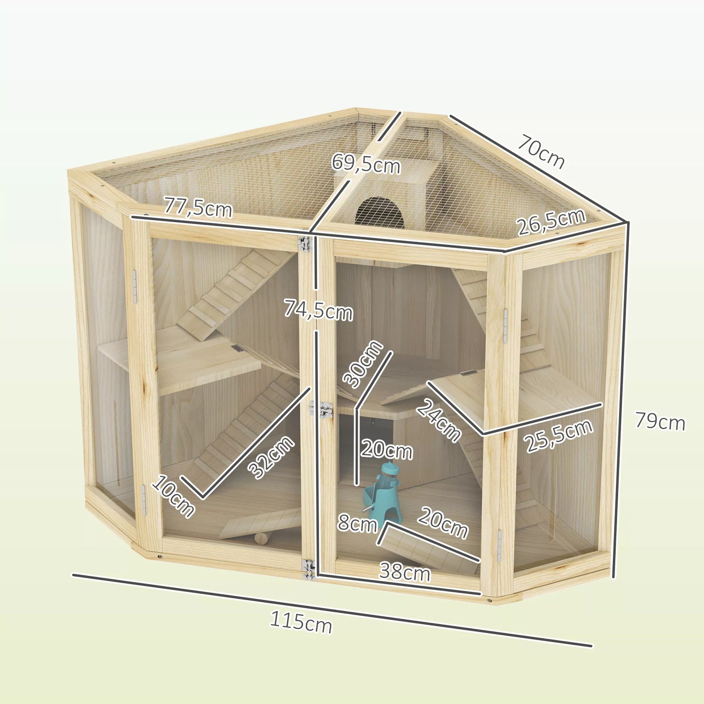 Hamsterio narvas, 4 lygių dizainas, su šėrimo stotele, sūpynėmis, rampos, nameliais, 115 x 69,5 x 79 cm, medinis