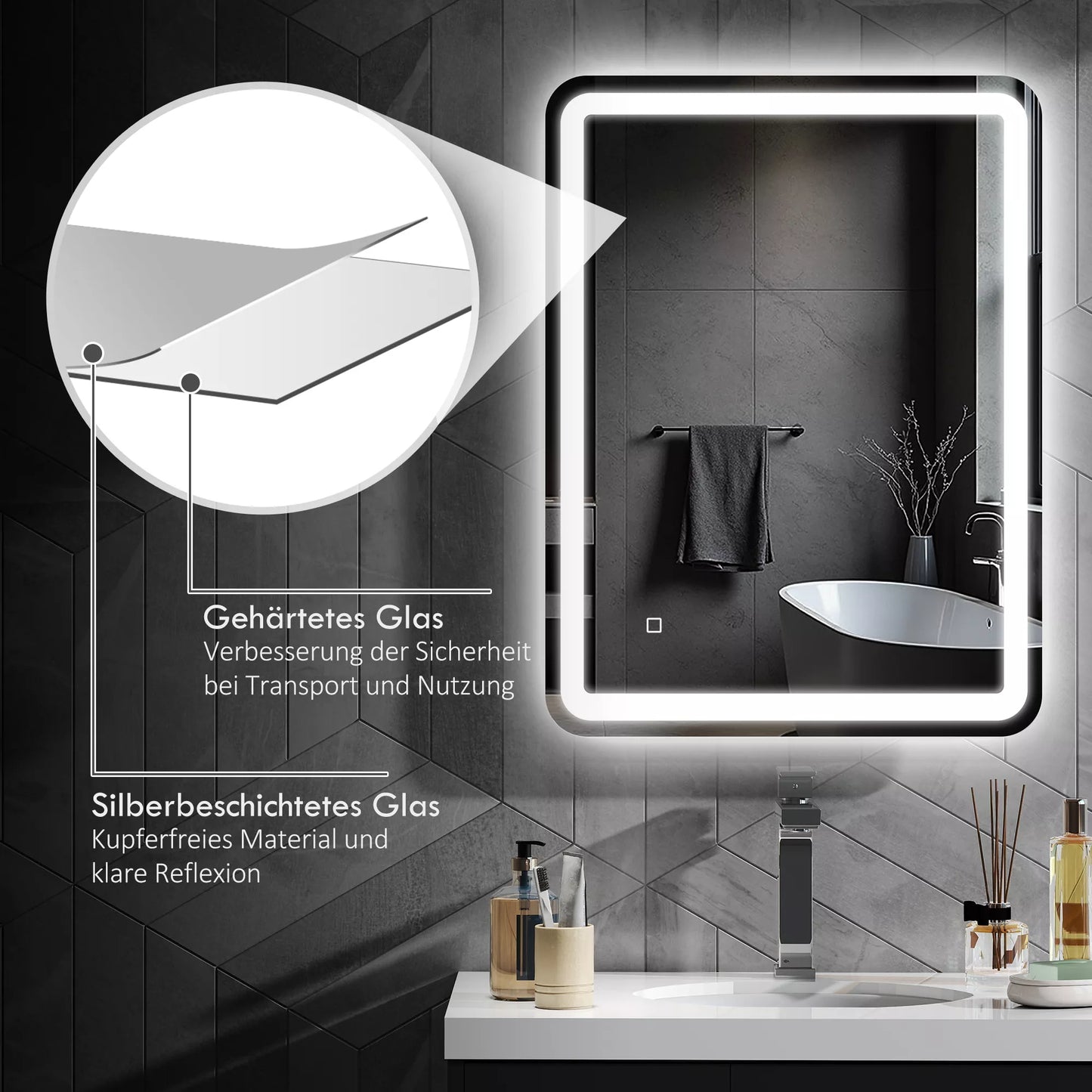 Vonios veidrodis, apšviestas, valdymas liečiant, neapgaruojantis, reguliuojamas apšvietimas, 3 šviesos spalvos, 60 x 80, sidabrinis