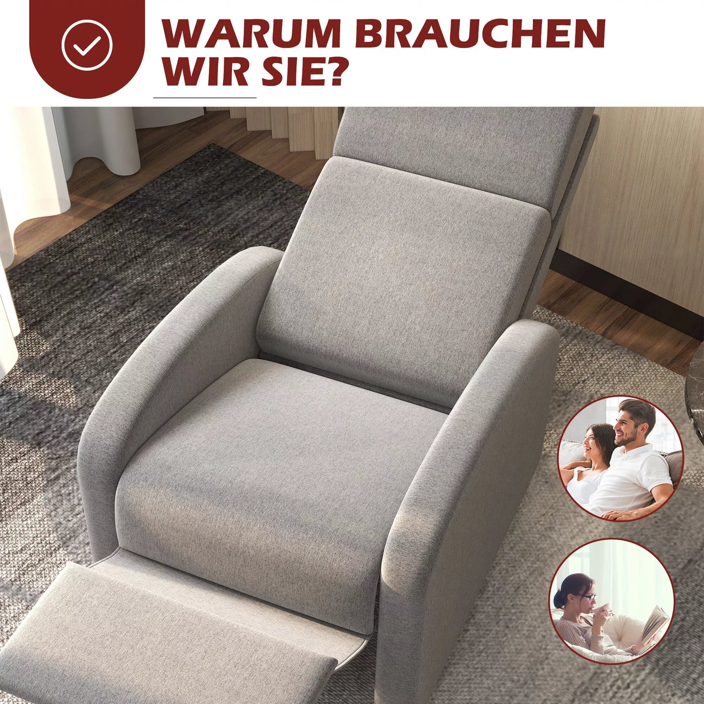 Krėslas poilsiui ir TV, išlankstoma kojų atrama, atlošiamas iki 160°, 64 x 86 x 102 cm, pilkos spalvos