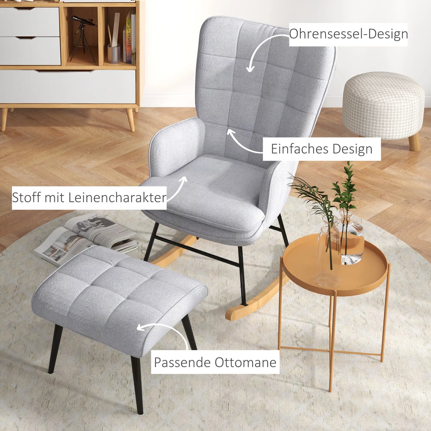 Supamas krėslas su otomanu Skandidesign Supamas krėslas su pakoja, buko mediena, dygsniuotas, 64 cm x 89 cm x 90 cm, pilkas