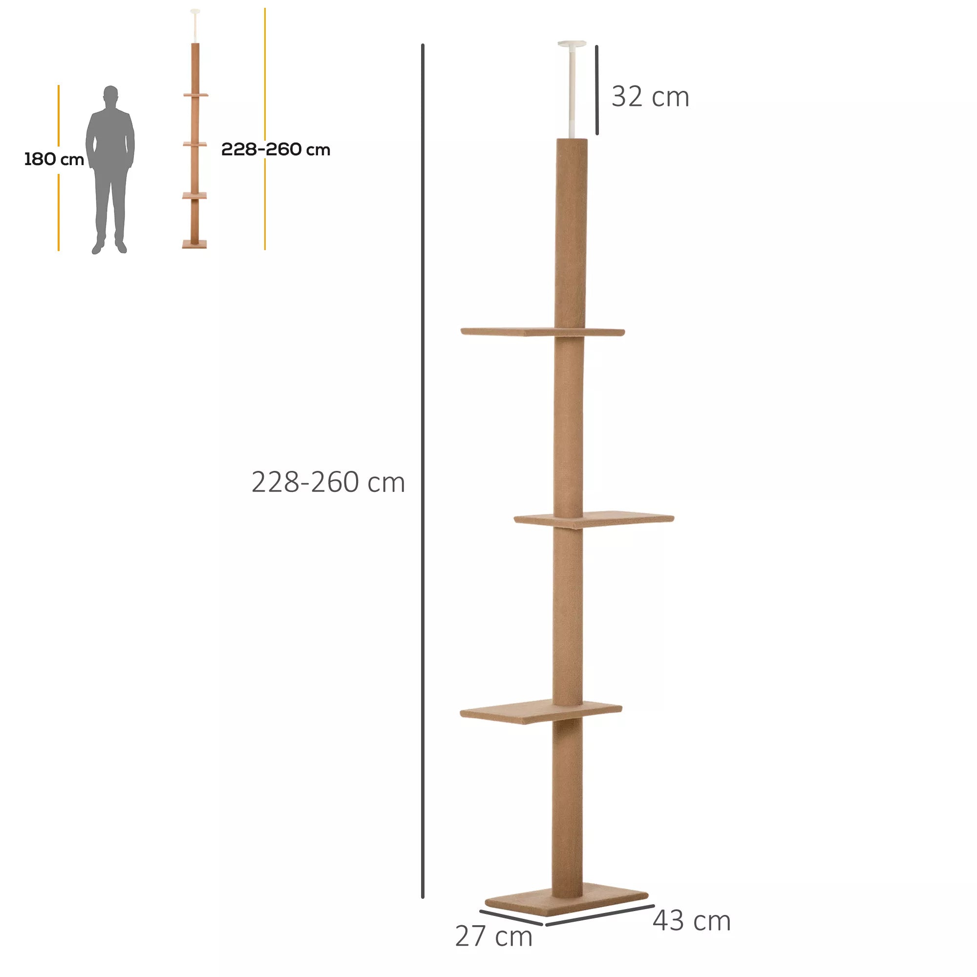 Kačių draskyklė iki lubų, reguliuojamas aukštis 228–260 cm, ruda