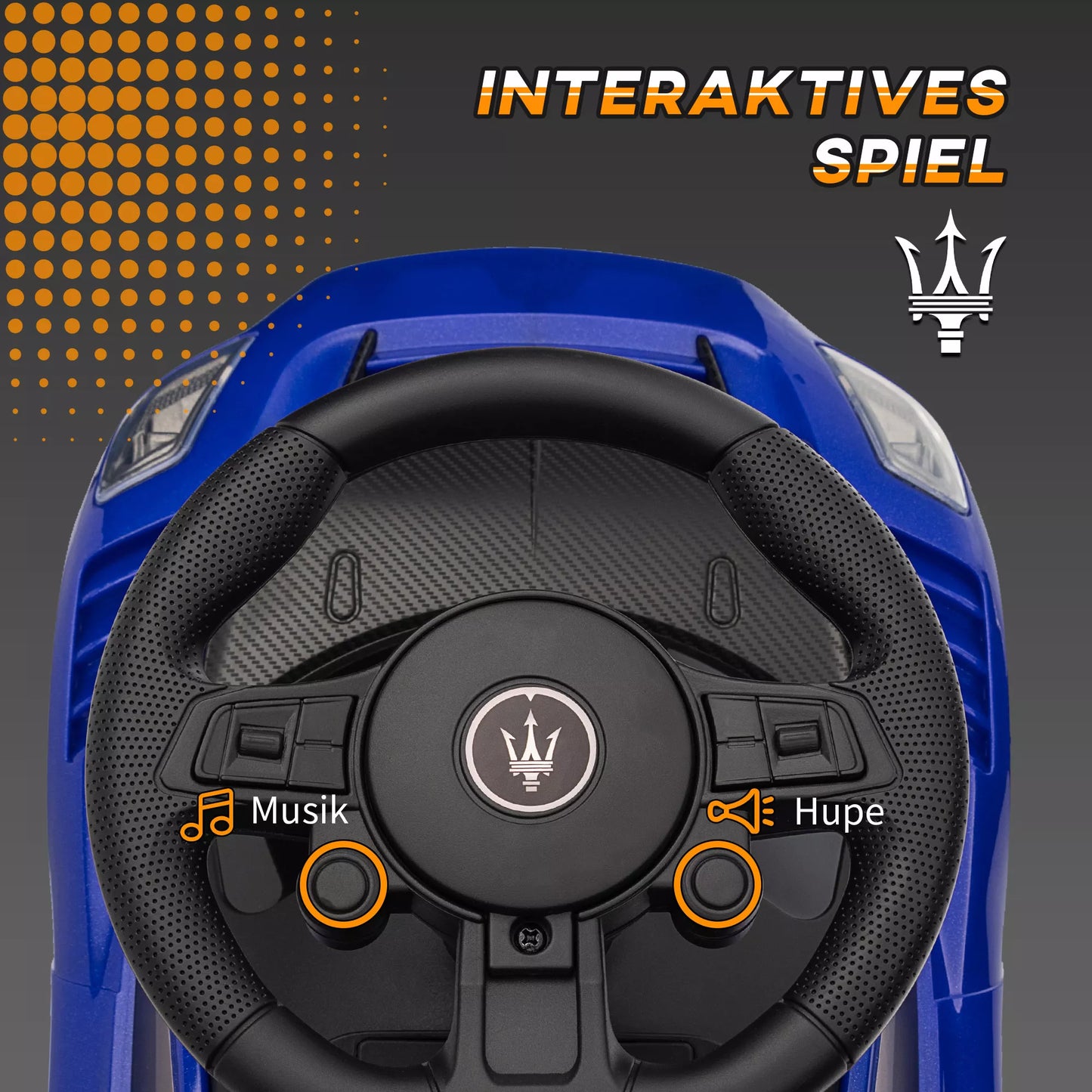 Vaikiškas paspiriamasis automobilis, licencijuota transporto priemonė, interaktyvūs garso signalo ir muzikos mygtukai, pagamintas iš plastiko ir plieno, mėlynos spalvos, išmatavimai 65 x 29 x 37 cm