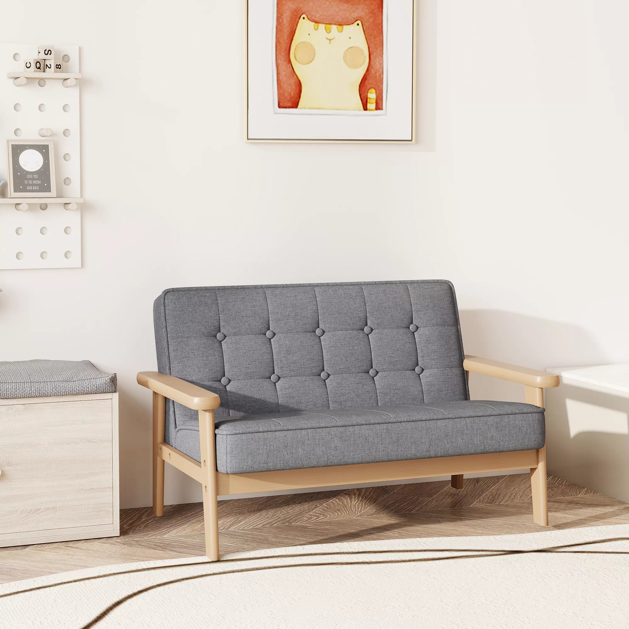 Vaikų kėdė, vaikų sofa su mediniu rėmu, aksomo išvaizda, paminkštinta, skirta 3–15 metų vaikams, pilkos spalvos