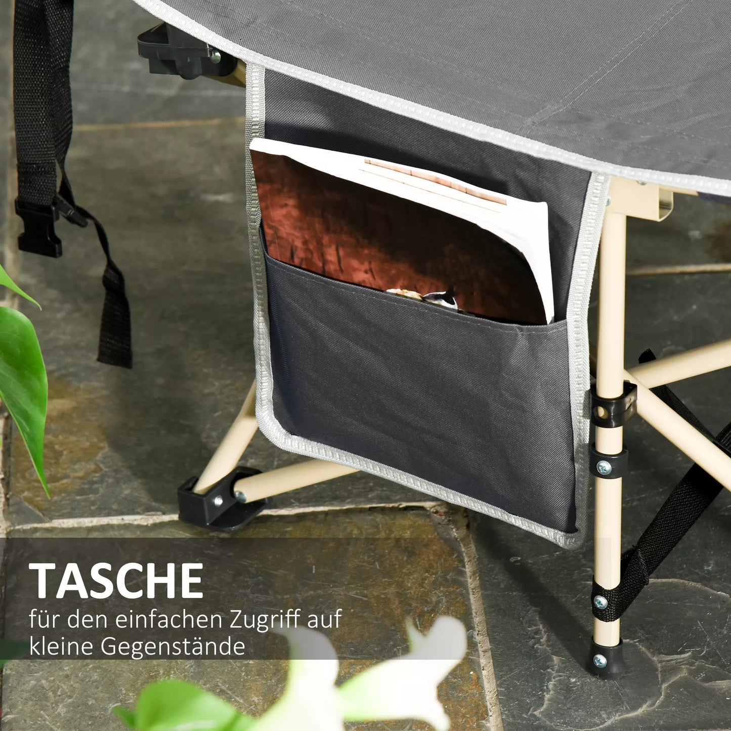 Sulankstoma lauko lova, atspari oro sąlygoms, su nešiojimo taše, 190 x 68 x 52 cm, Pilka