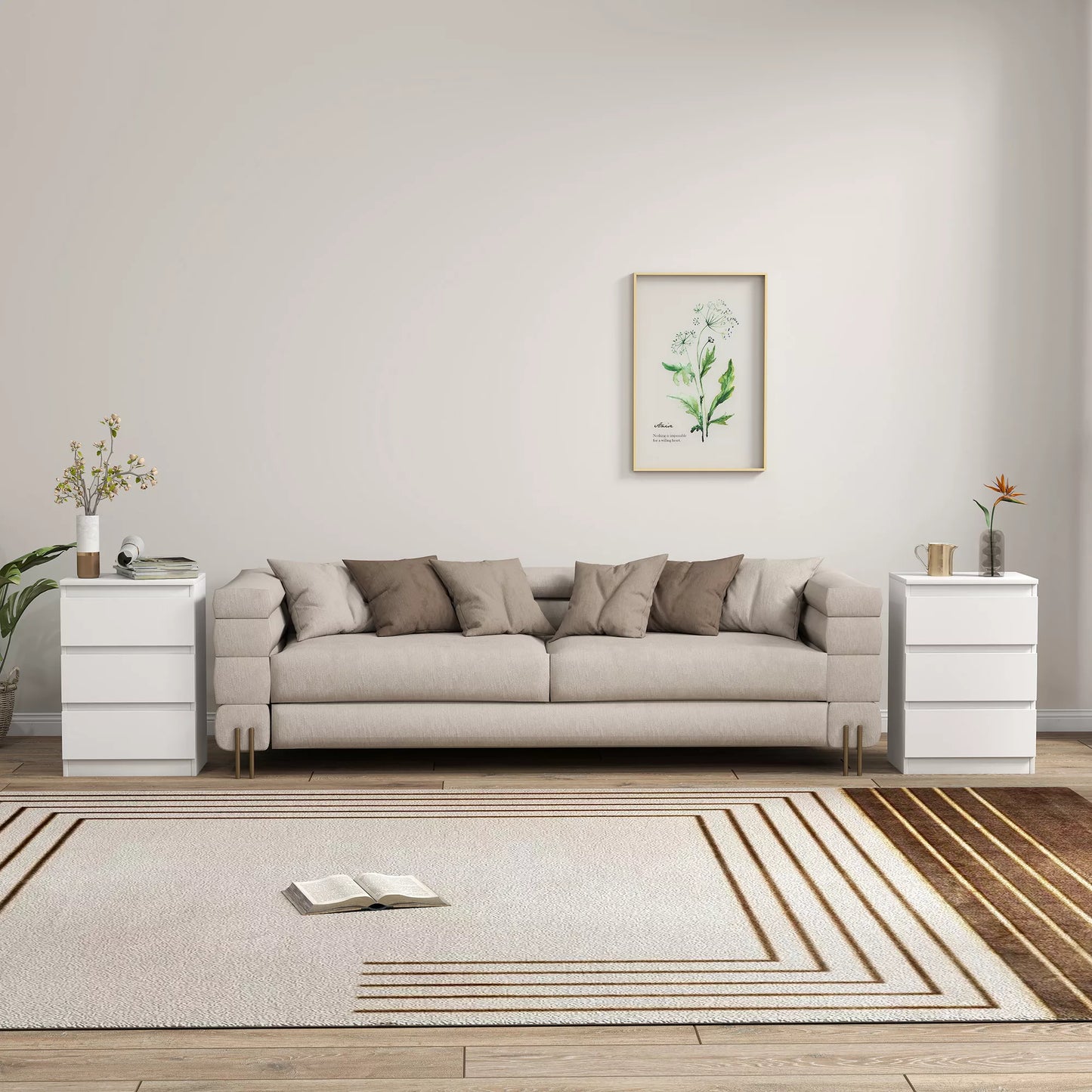 Naktiniai staleliai 2 vnt. komplekte, 3 stalčiai, beranktis dizainas, medžio imitacijos, balti