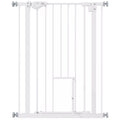 Durų grotelės su katės liuku, montavimas be gręžimo, kintamas plotis 74–80 cm, atidaromos viena ranka, metalinės, baltos spalvos