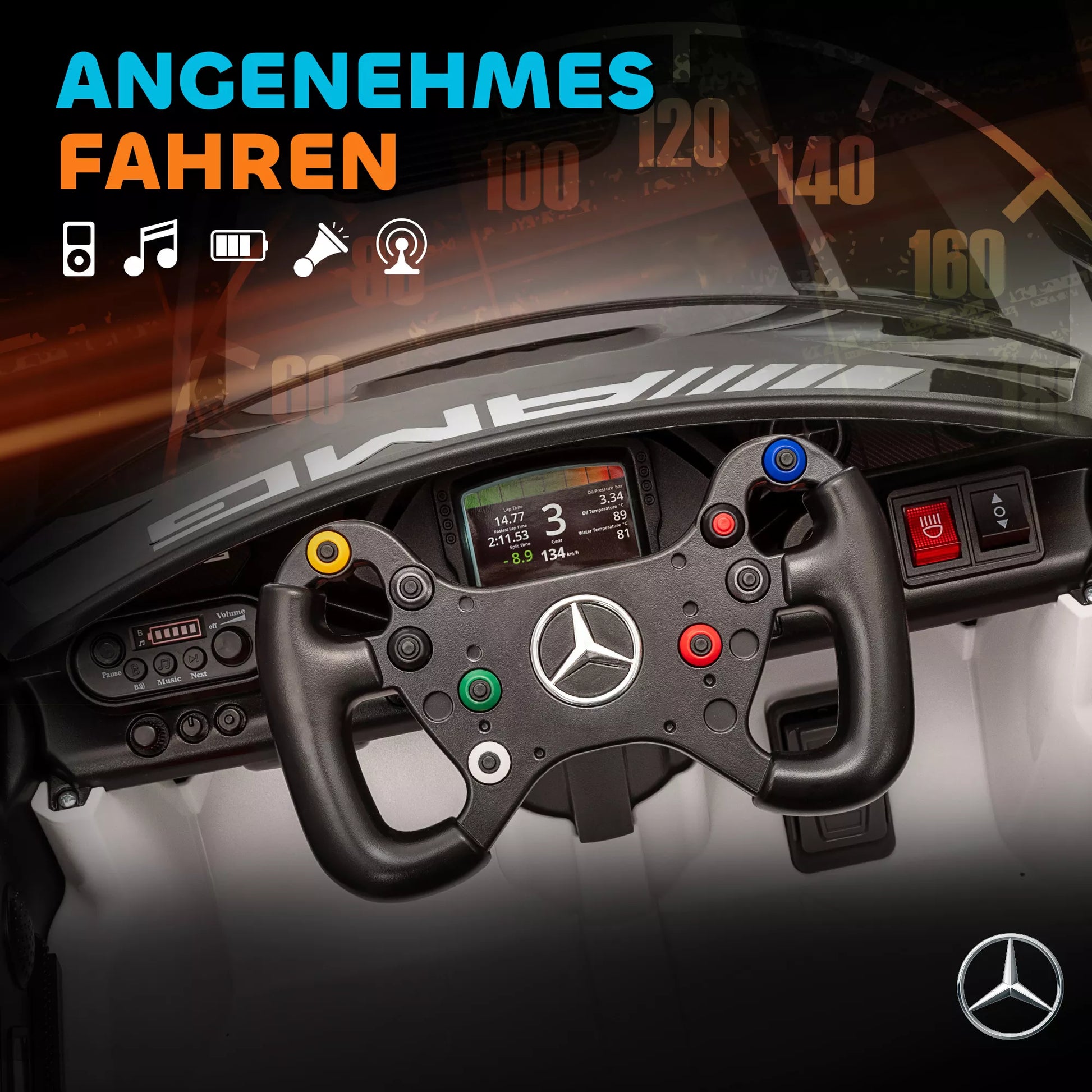 Mercedes elektrinis automobilis vaikams, 12V baterija, LED žibintai, muzikos funkcija, garso signalas, 3-8 metai, baltas