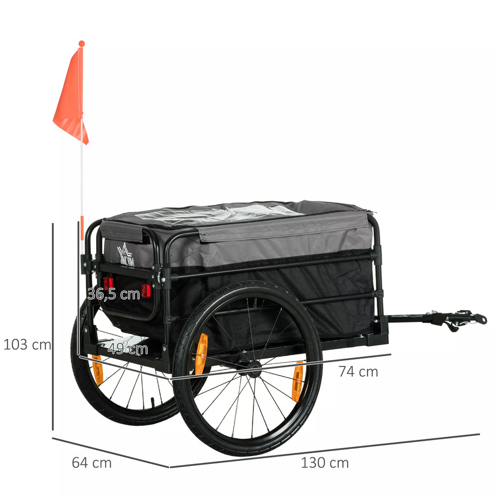 Vežimėlio matmenų schema: 130 cm ilgis, 64 cm plotis, 103 cm aukštis