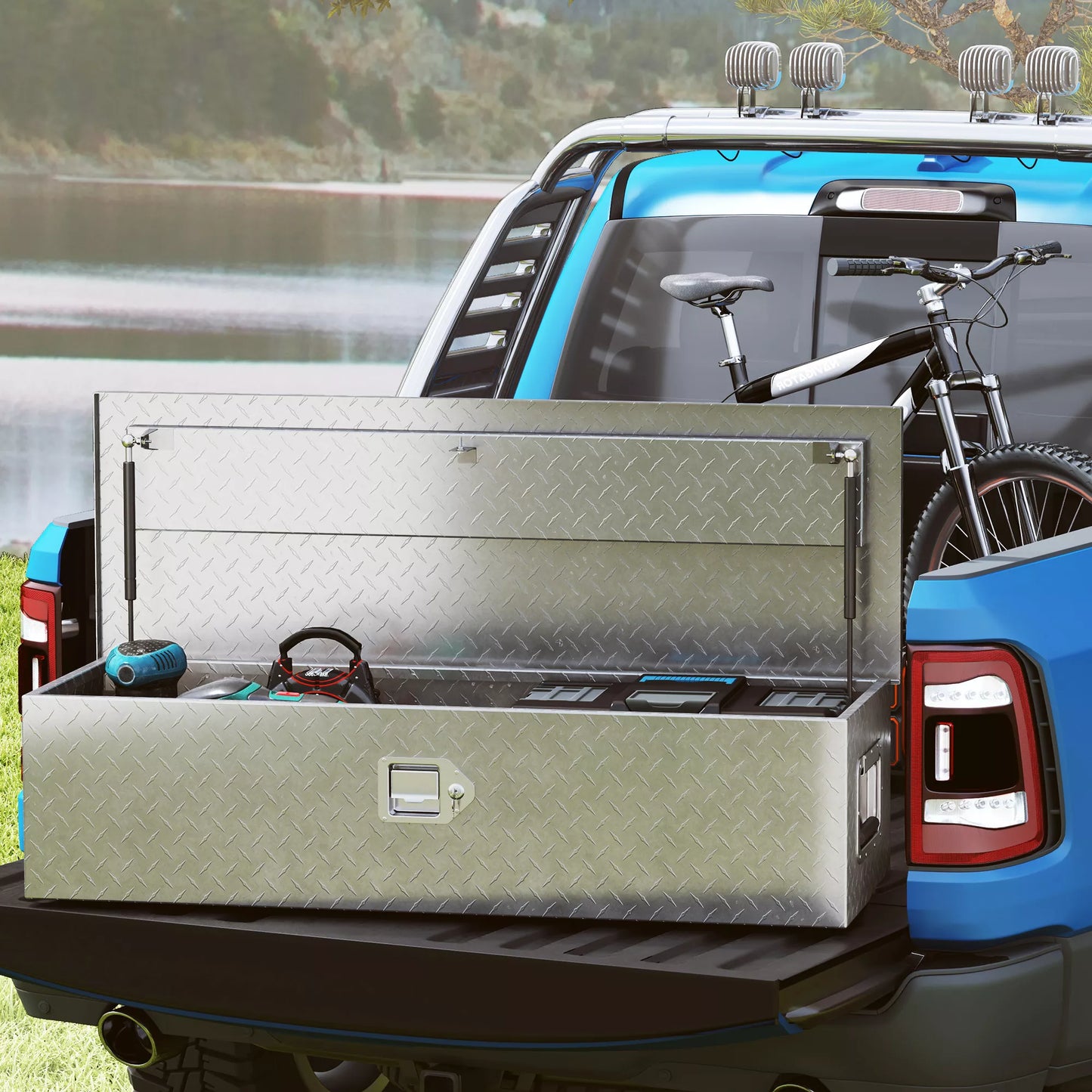 HOMCOM Stabili aliumininė laikymo dėžė su šoninėmis rankenomis, spyna ir raktais, įrankių dėžė, 99 x 33 x 25,5 cm