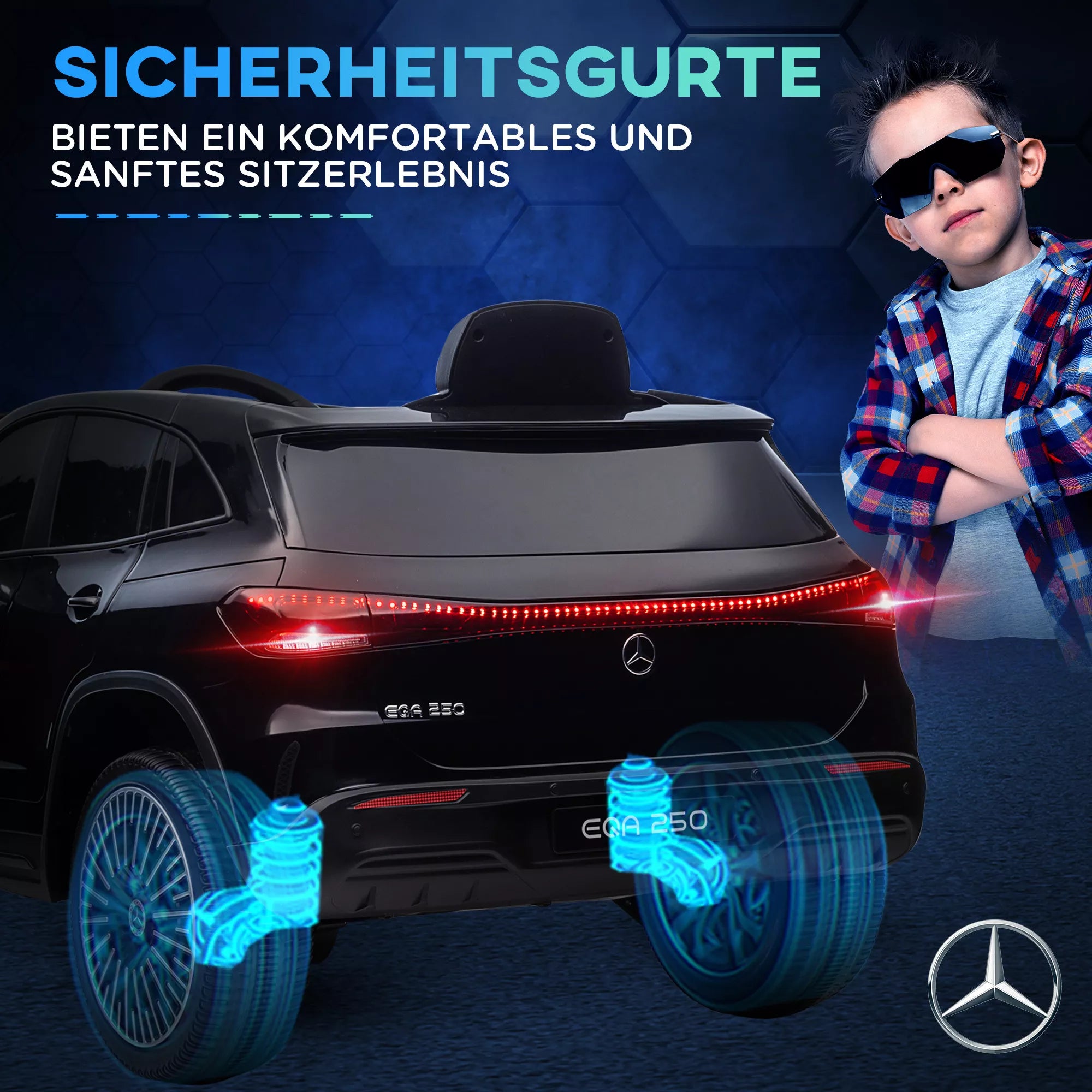 Elektrinis vaikų automobilis, licencijuotas „Mercedes-Benz EQA“, 3–8 km/h, muzika, žibintai, signalas, nuotolinis valdymas, juodos spalvos