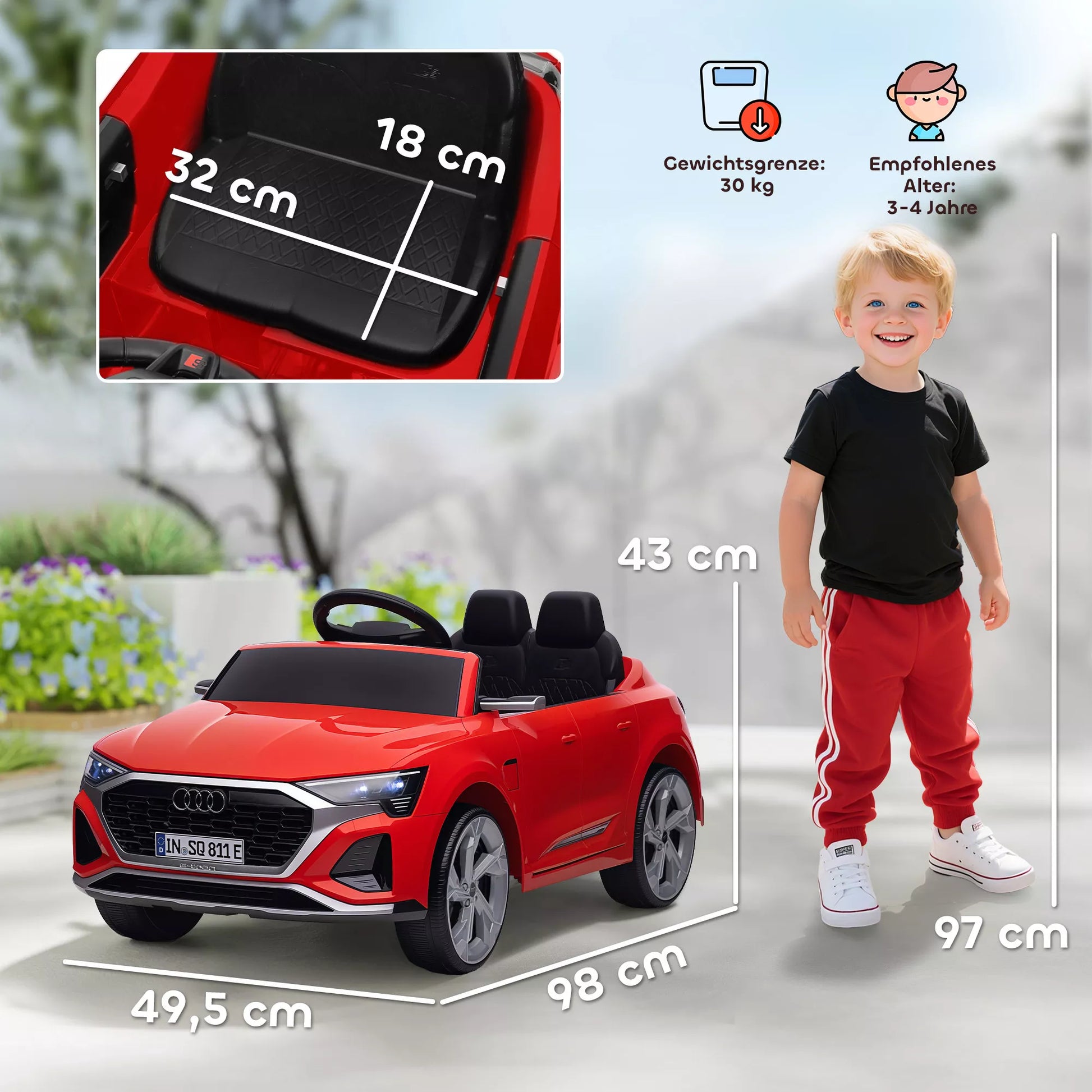Elektrinis vaikiškas automobilis, 12V Audi Q8, 3–5 km/h, nuotolinio valdymo pultas, priekiniai žibintai, muzika, raudonas