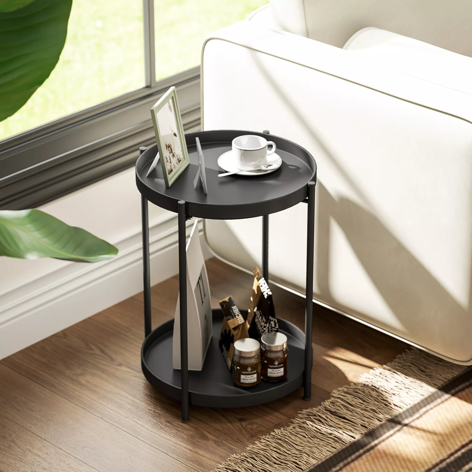 Apvalus pagalbinis staliukas su lentynėle, 2 pakopų kavos staliukas, skirtas svetainei, miegamajam, mažoms patalpoms, metalinis, juodas