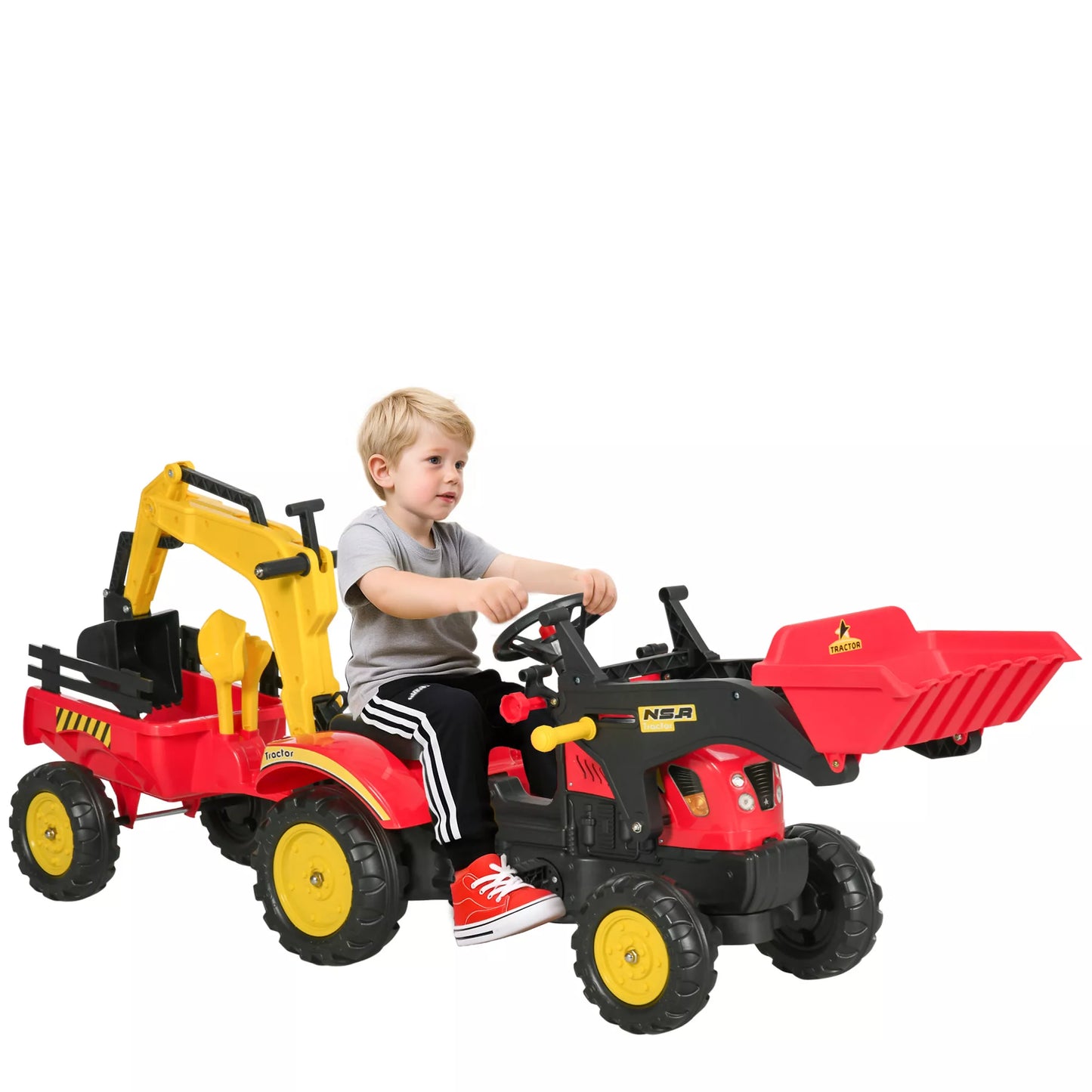 Raudonas pedalinis traktorius su priekaba, frontaliniu krautuvu ir reguliuojamu kaušu, skirtas vaikams nuo 3 metų